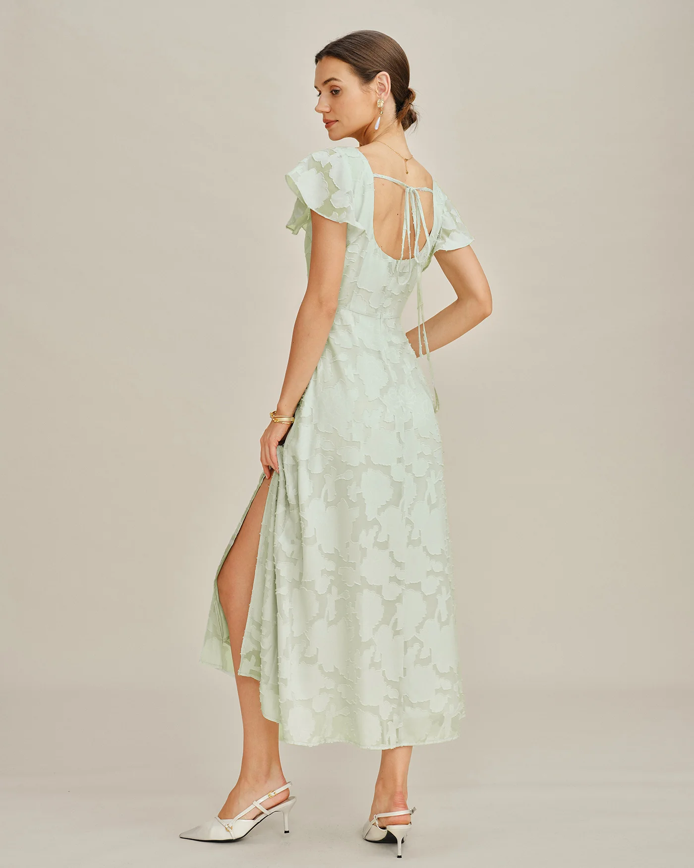 Green Square Neck Floral Textured Midi Dress - Image 5