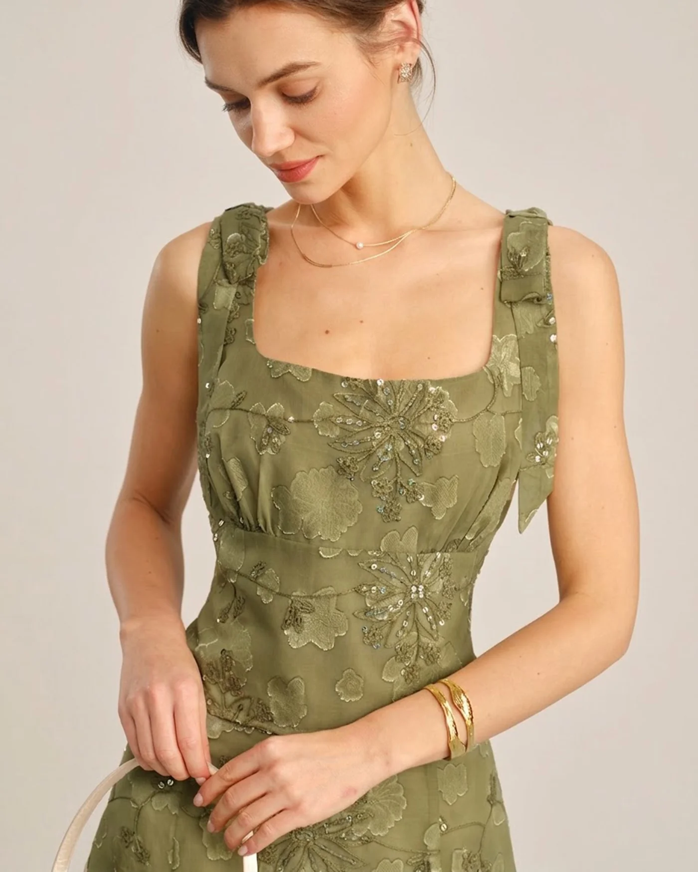 Green Square Neck Jacquard Tank Top - Image 2