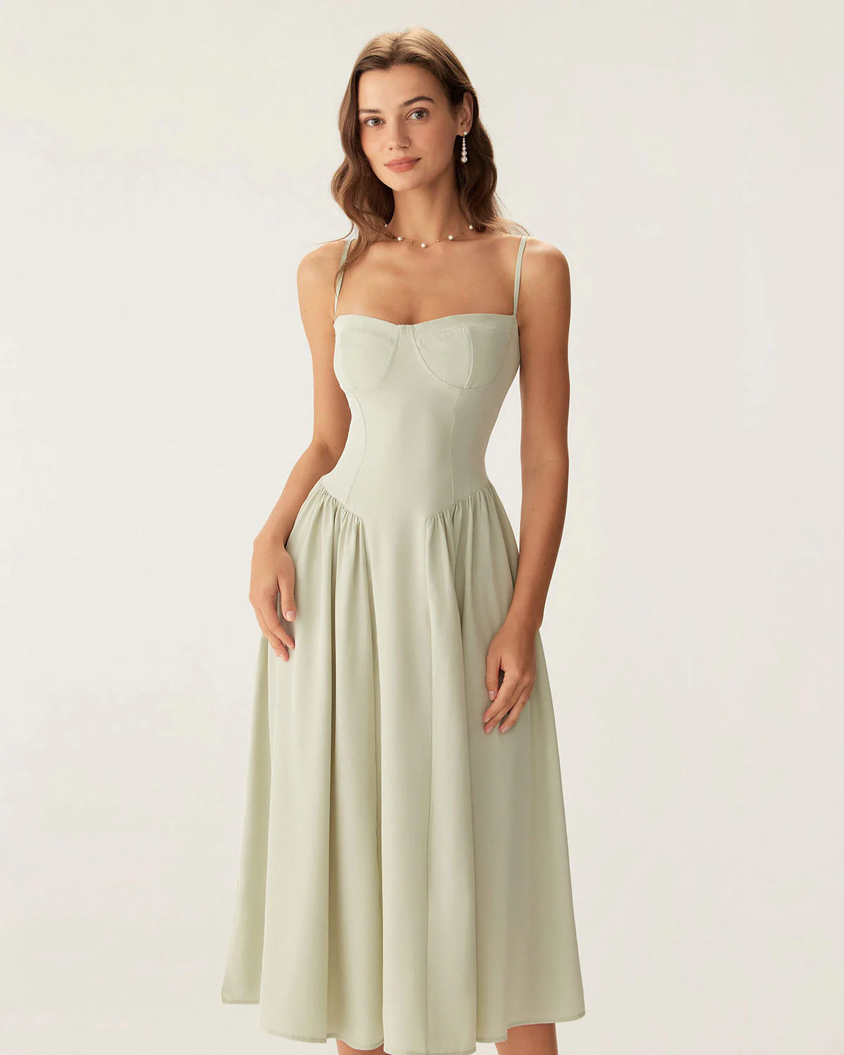 Green Square Neck Pocket Slip Midi Dress - Image 3