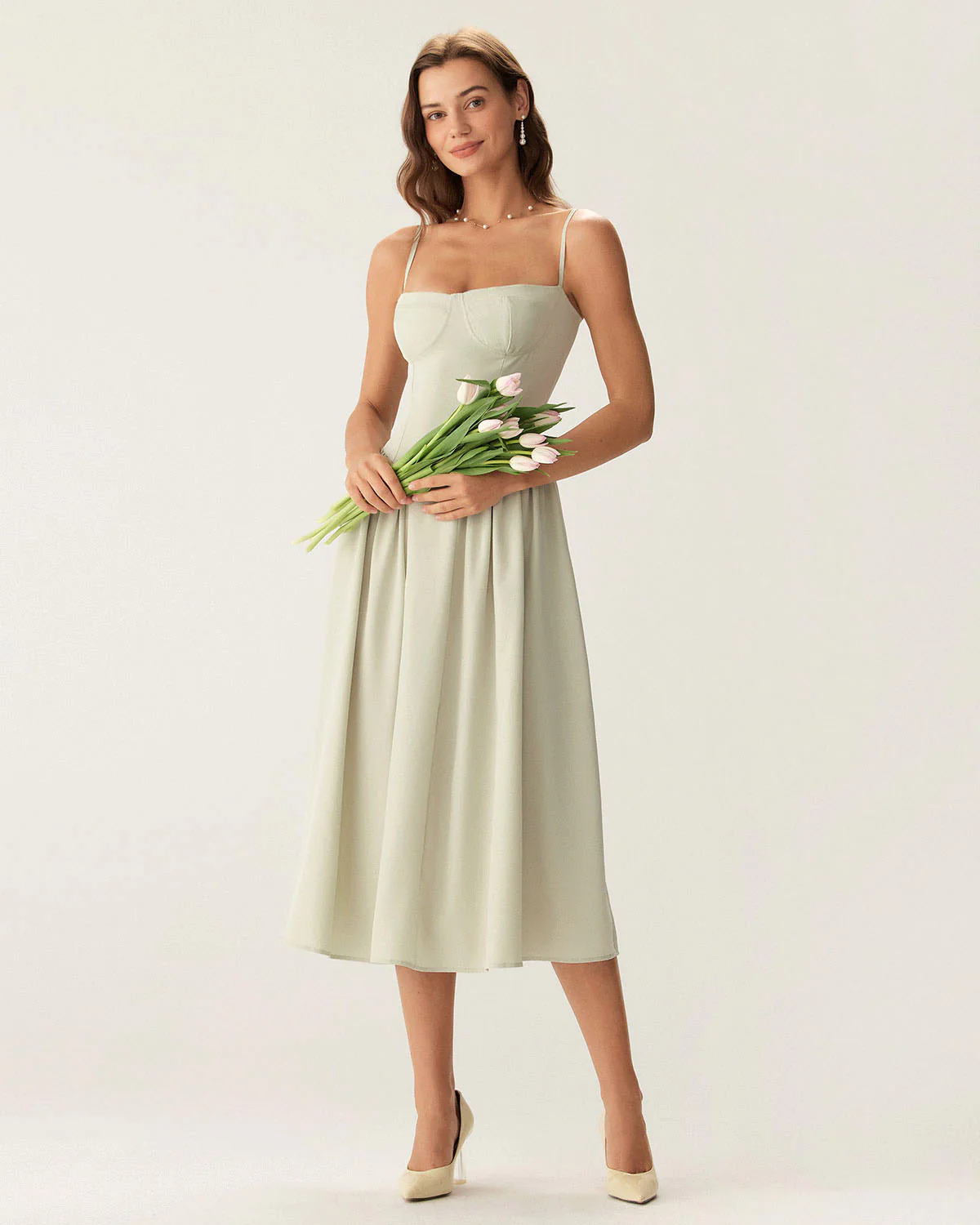 Green Square Neck Pocket Slip Midi Dress - Image 4