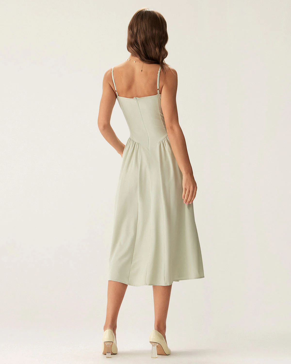 Green Square Neck Pocket Slip Midi Dress - Image 5