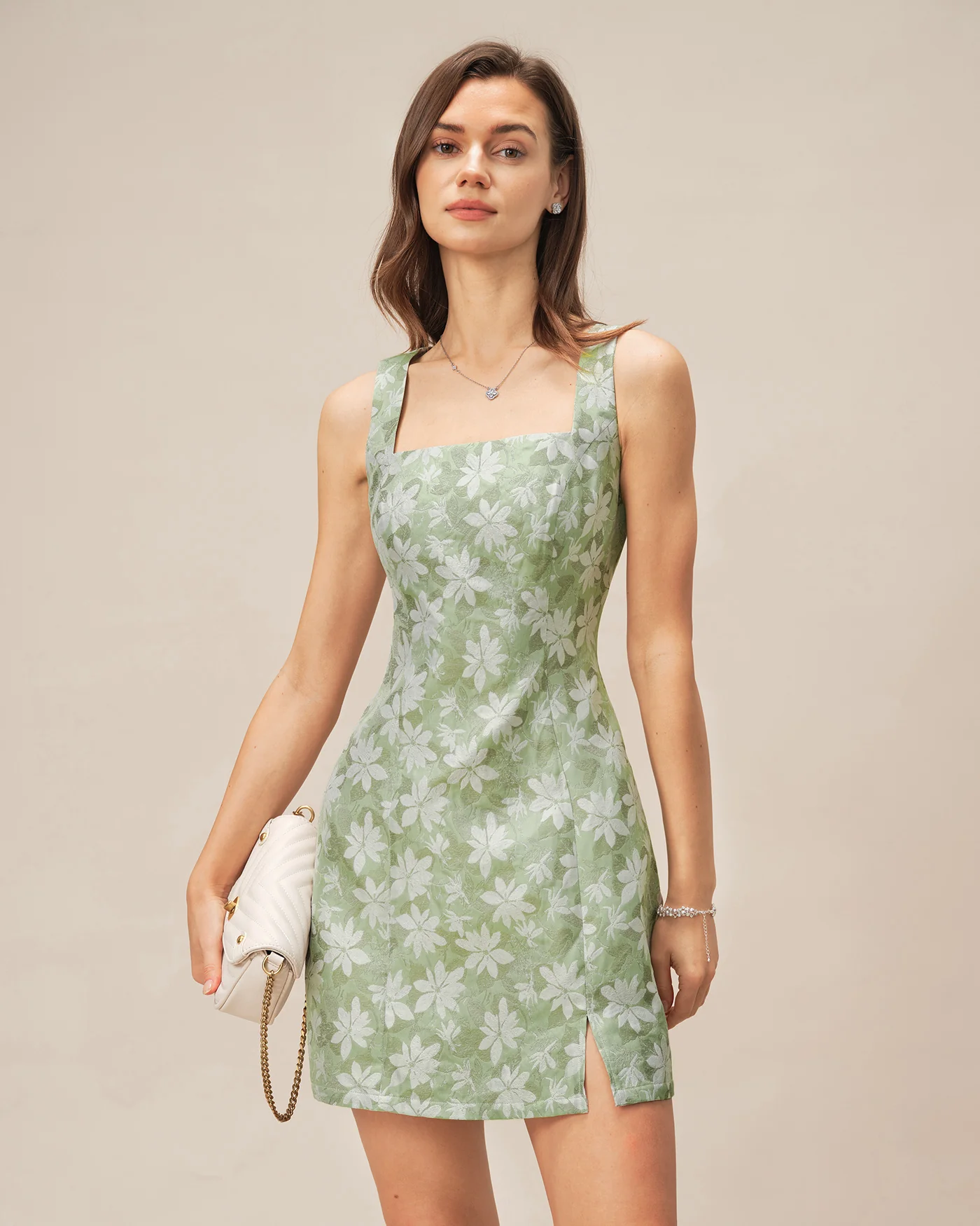 Green Square Neck Slit Floral Mini Dress - Image 2