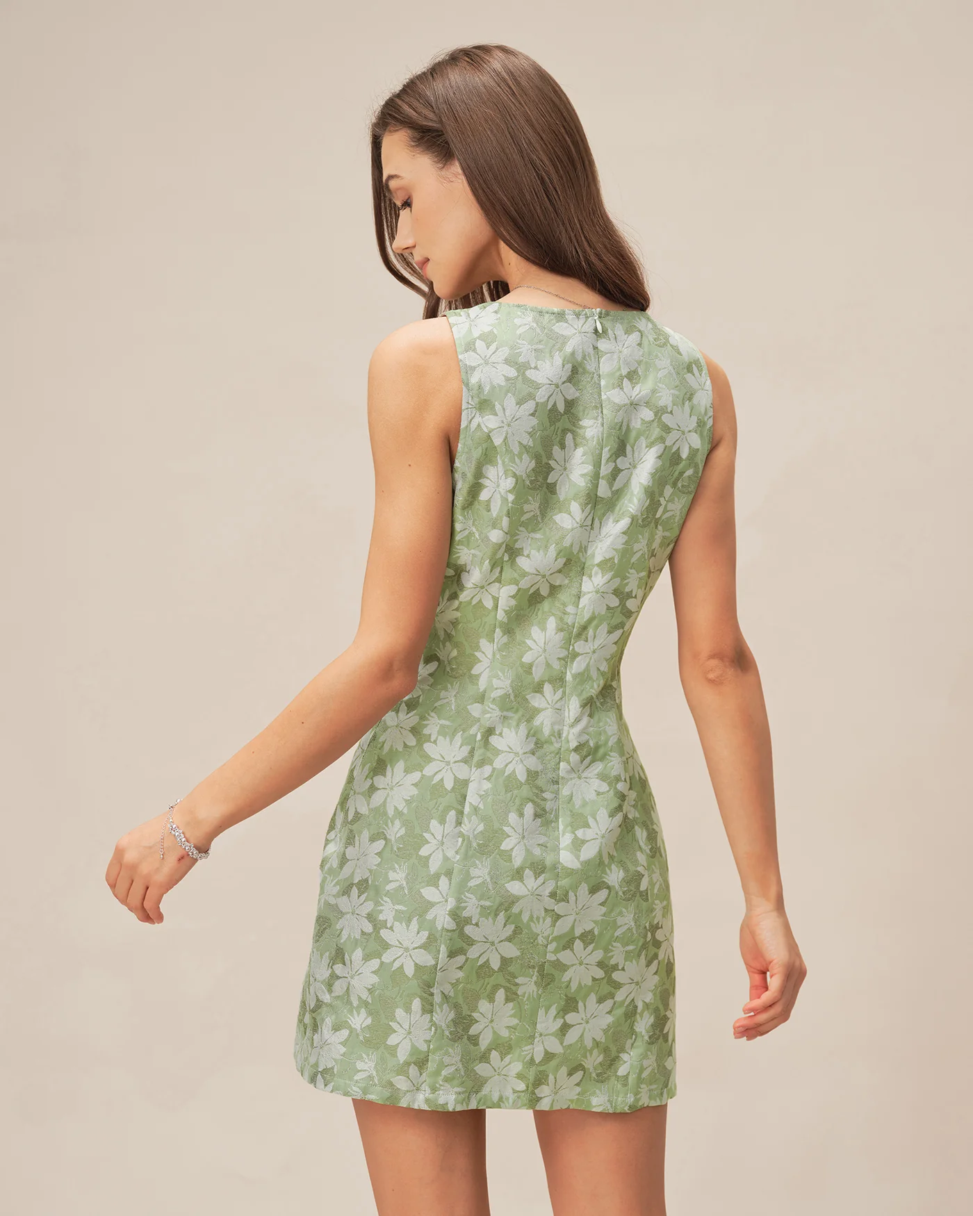 Green Square Neck Slit Floral Mini Dress - Image 3