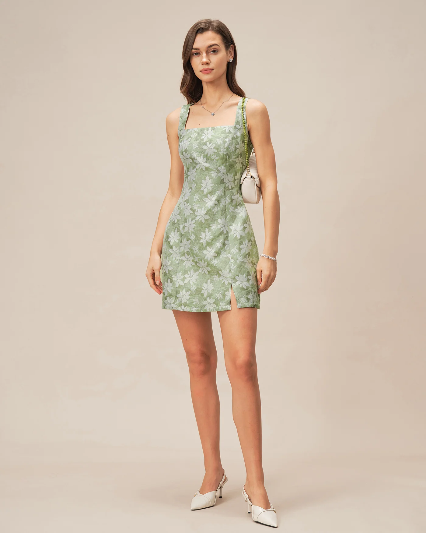 Green Square Neck Slit Floral Mini Dress - Image 5
