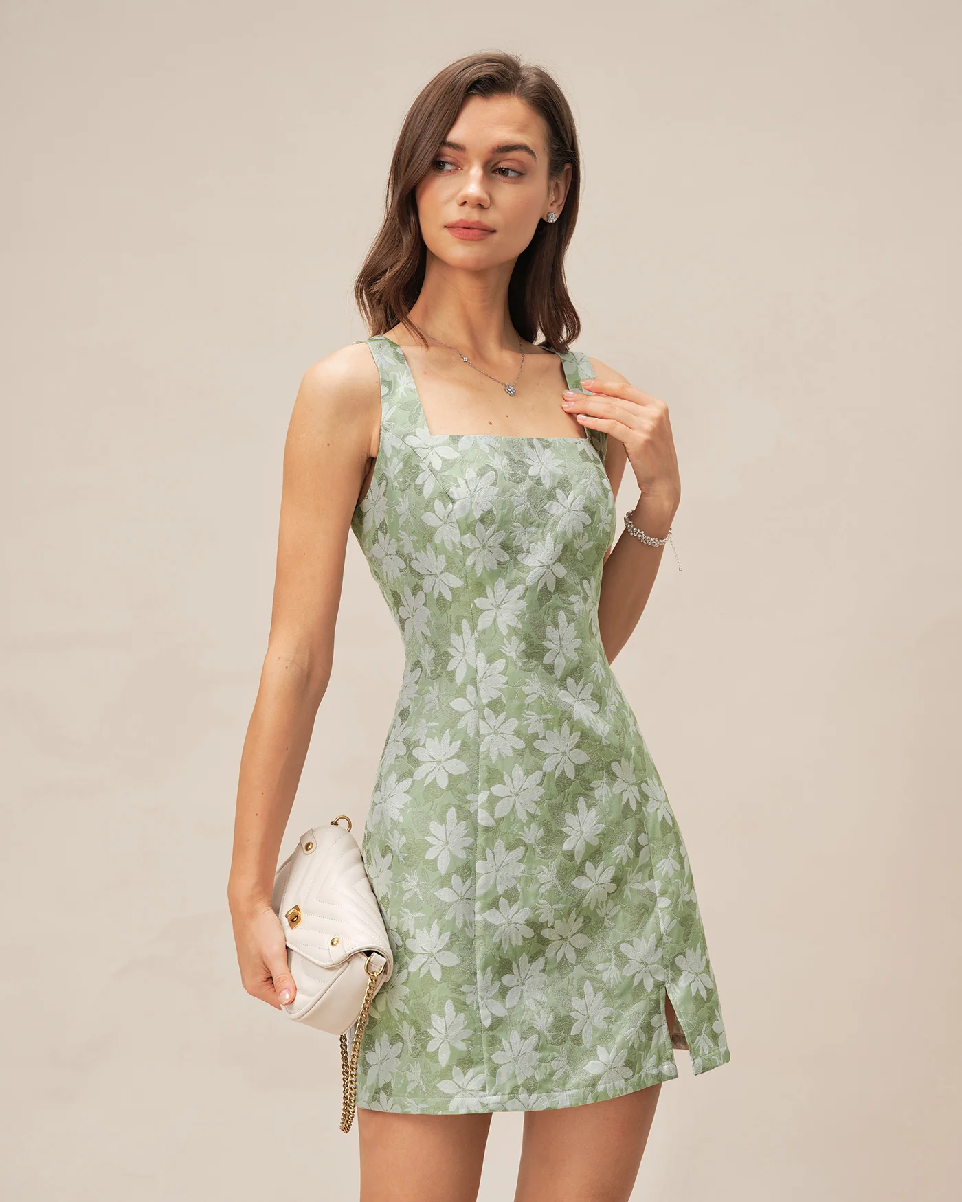 Green Square Neck Slit Floral Mini Dress - Image 6