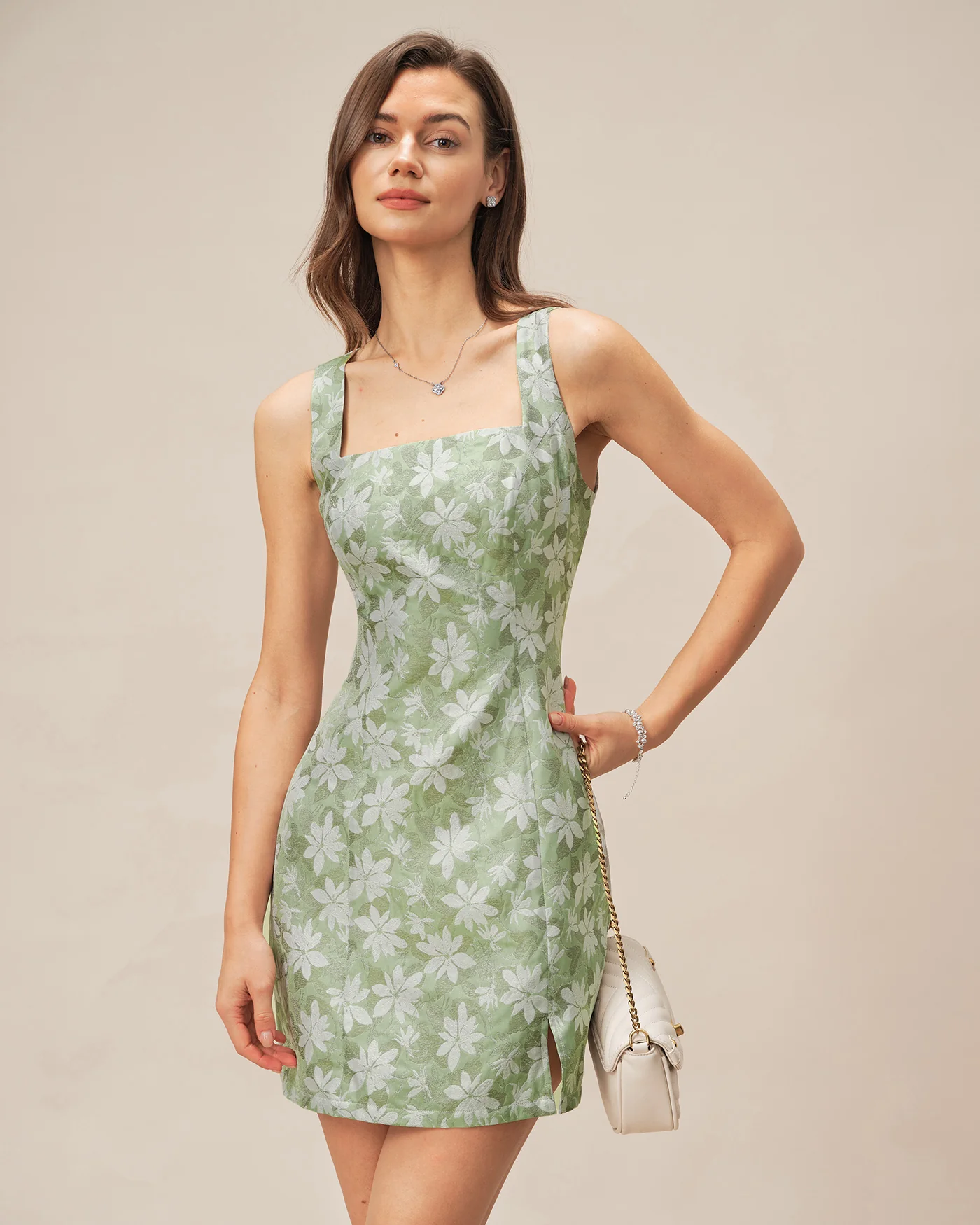 Green Square Neck Slit Floral Mini Dress - Image 7