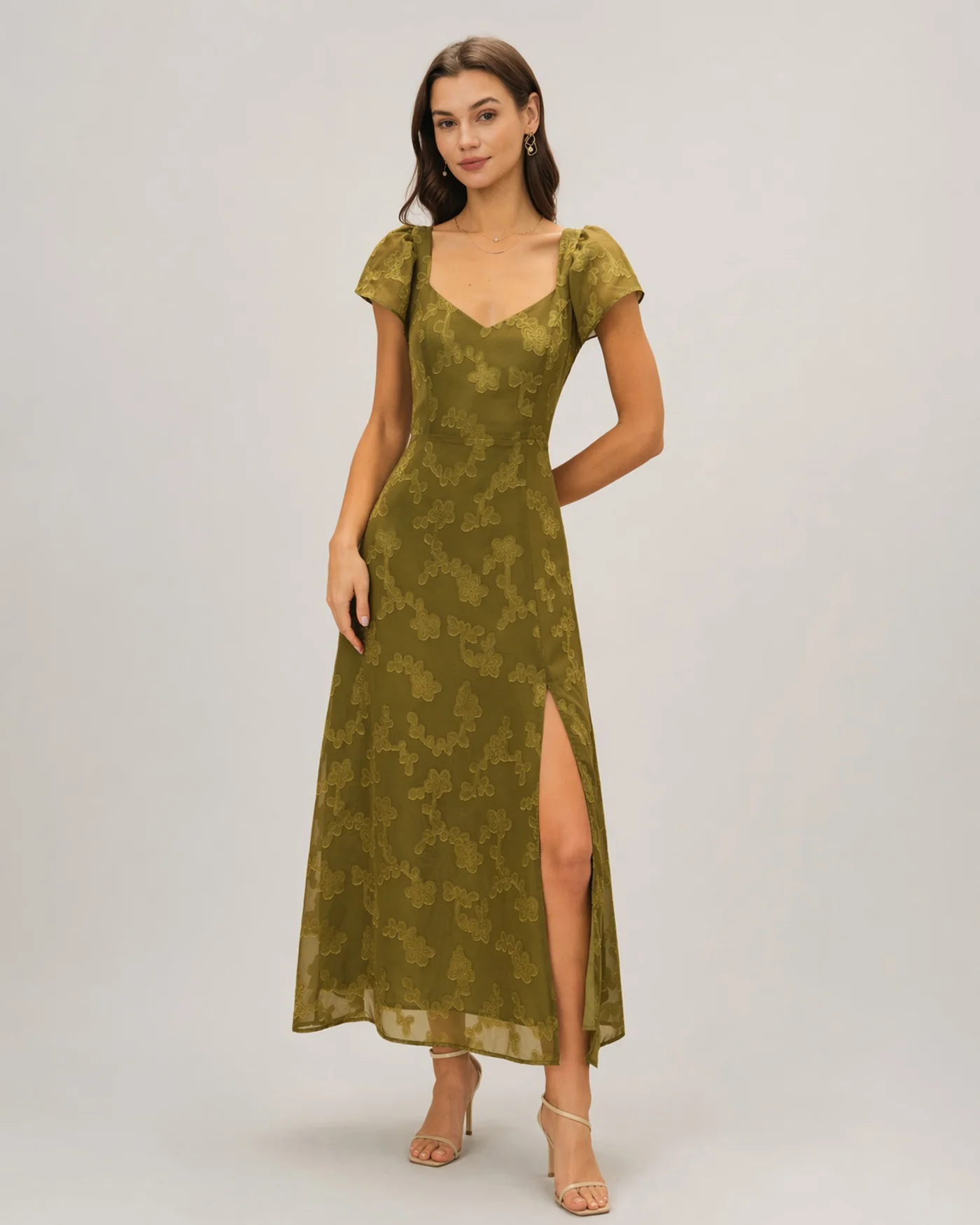 Green Sweetheart Neck Jacquard Maxi Dress - Image 4