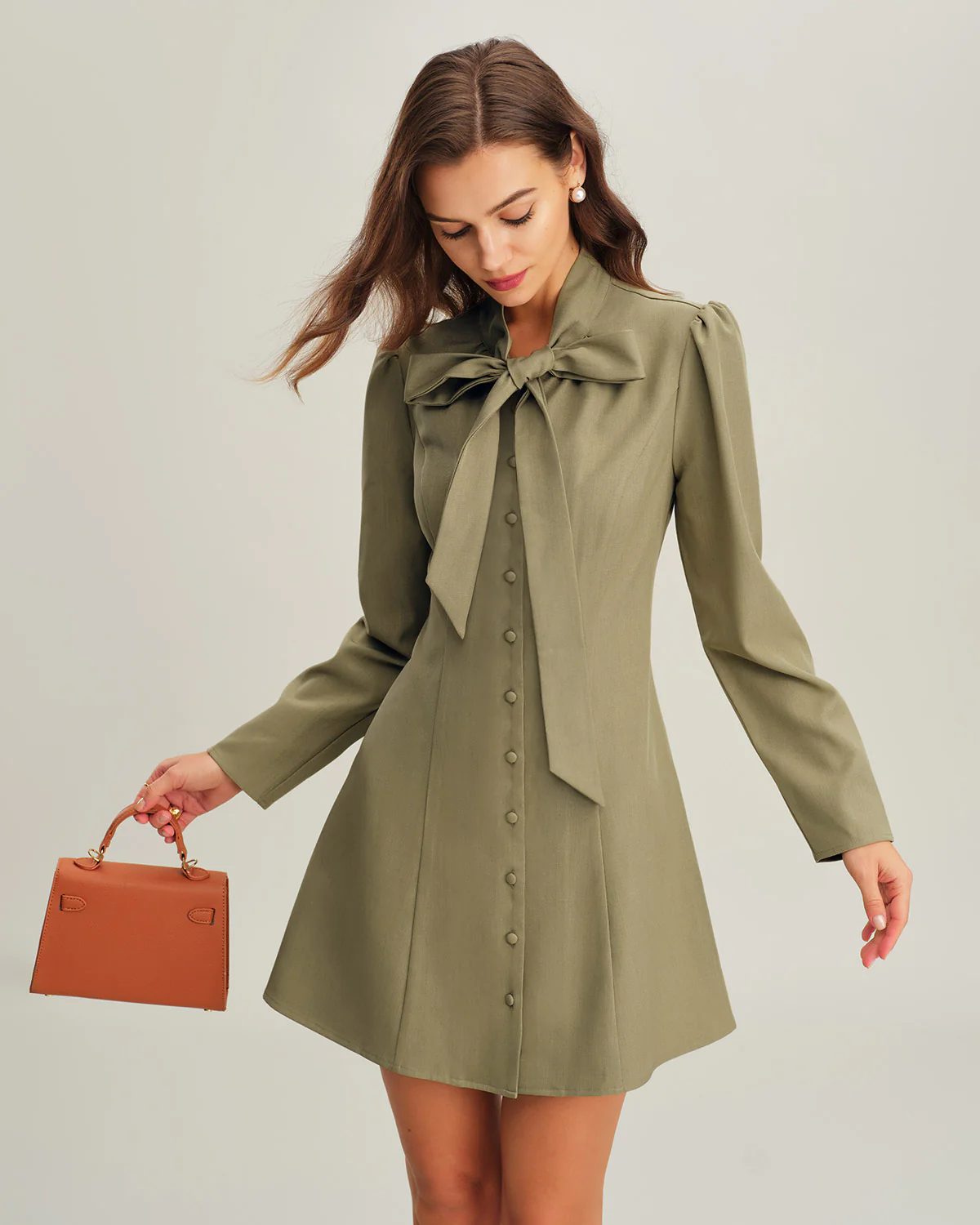 Green Tie Neck A-Line Mini Dress - Image 3