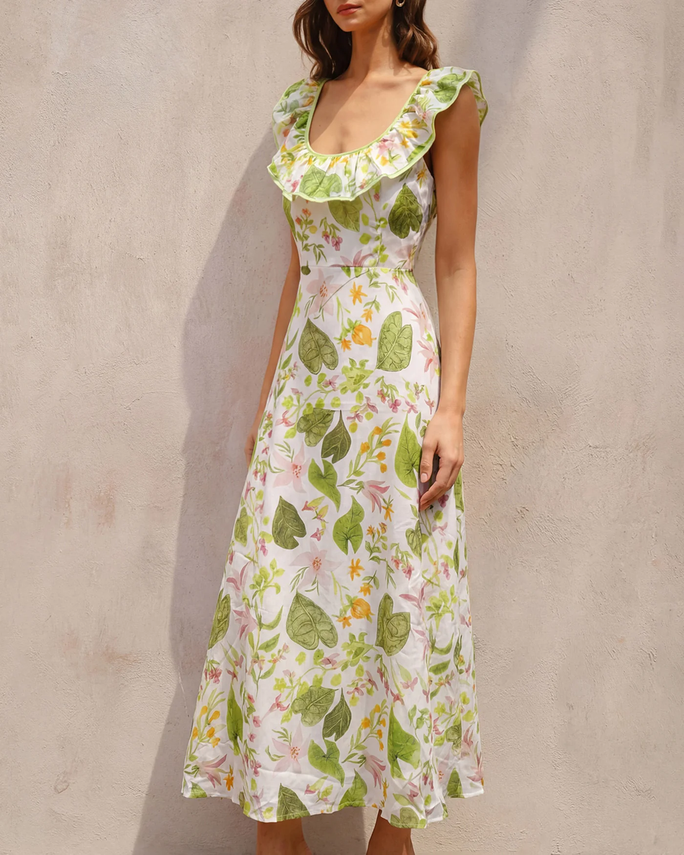 Green U Neck Plant Maxi Dress - Image 2