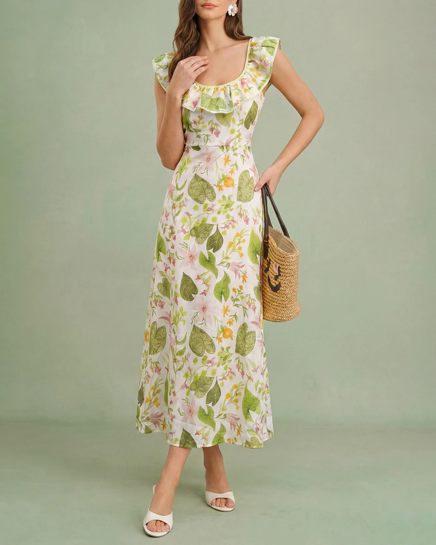 Green U Neck Plant Maxi Dress - Image 3