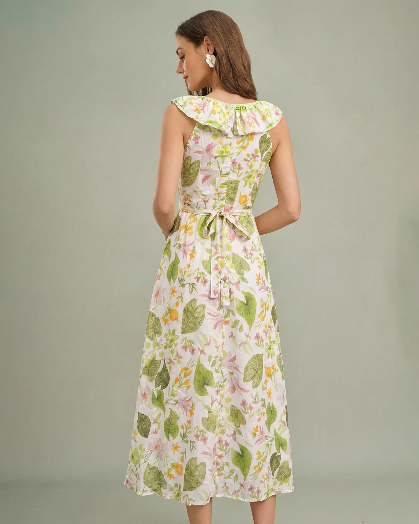 Green U Neck Plant Maxi Dress - Image 4
