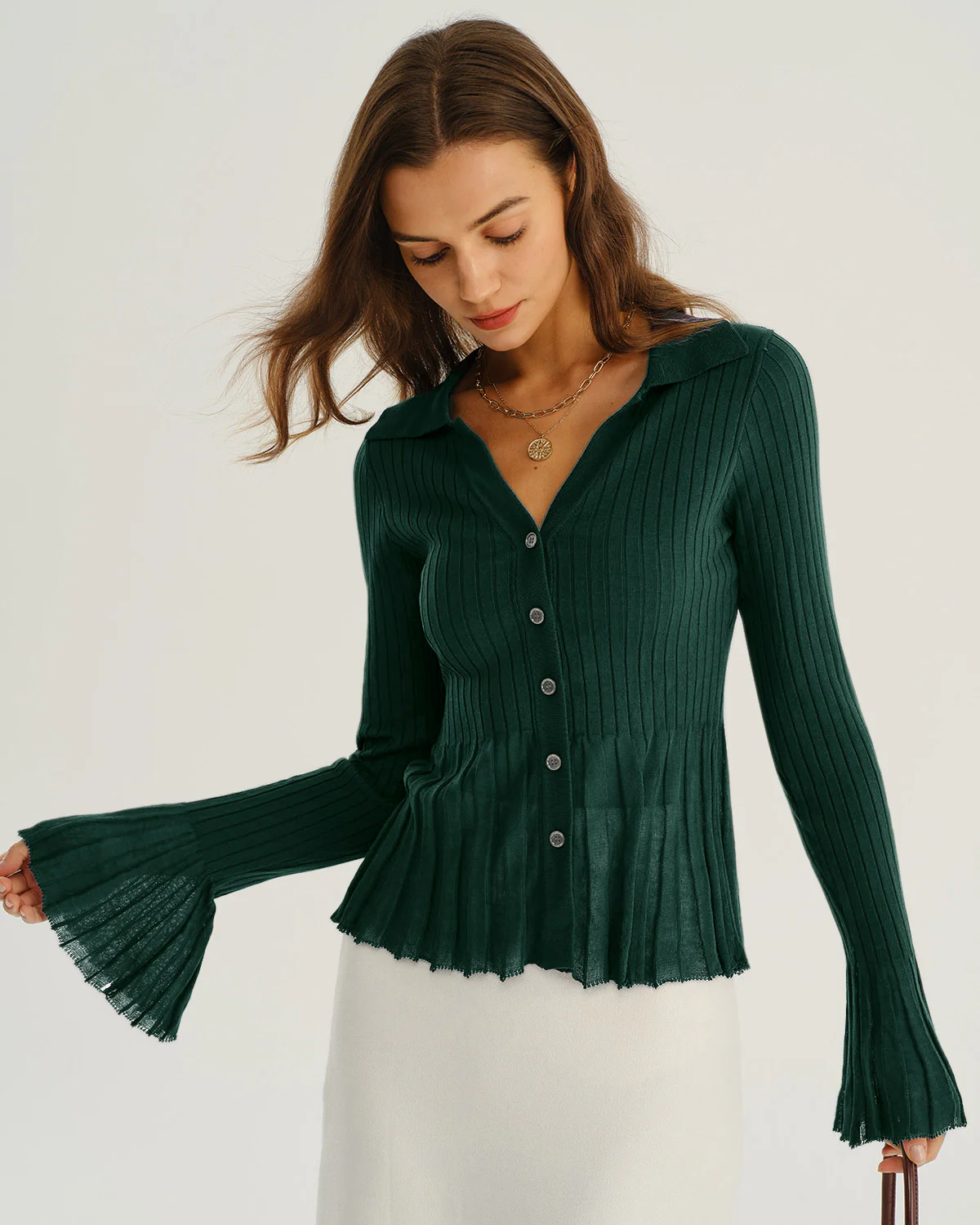 Green V-Neck Bell Sleeve Knit Cardigan - Image 3