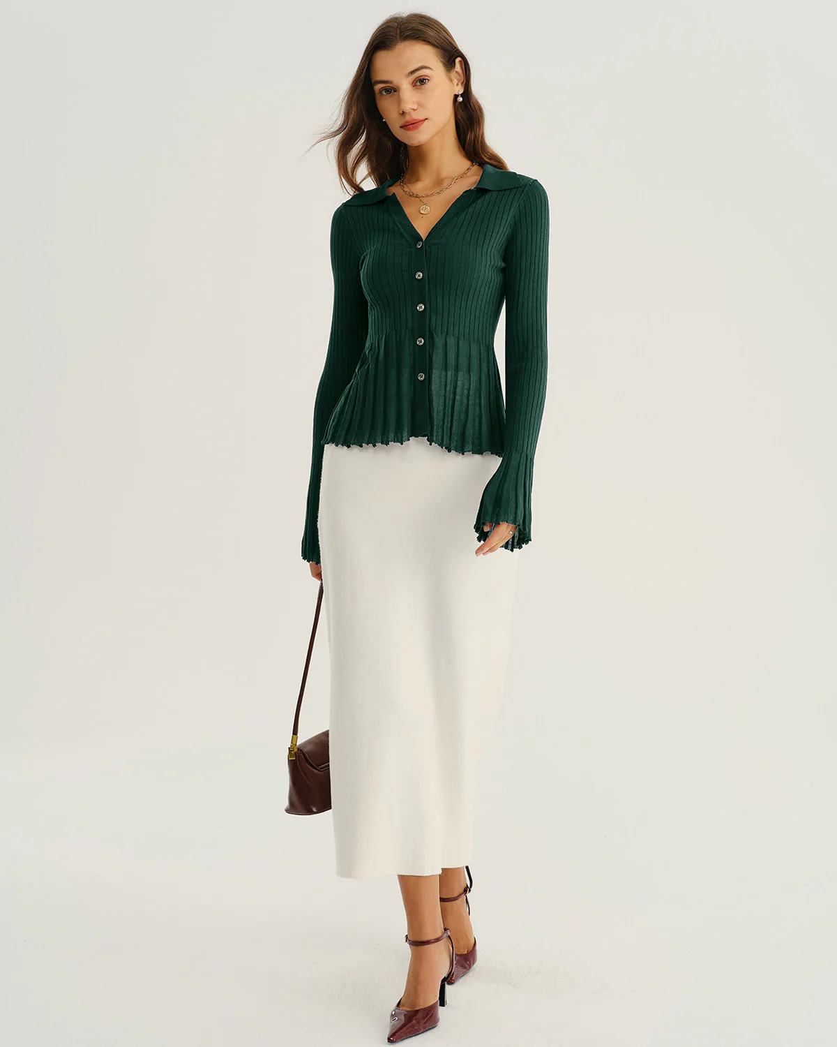 Green V-Neck Bell Sleeve Knit Cardigan - Image 5