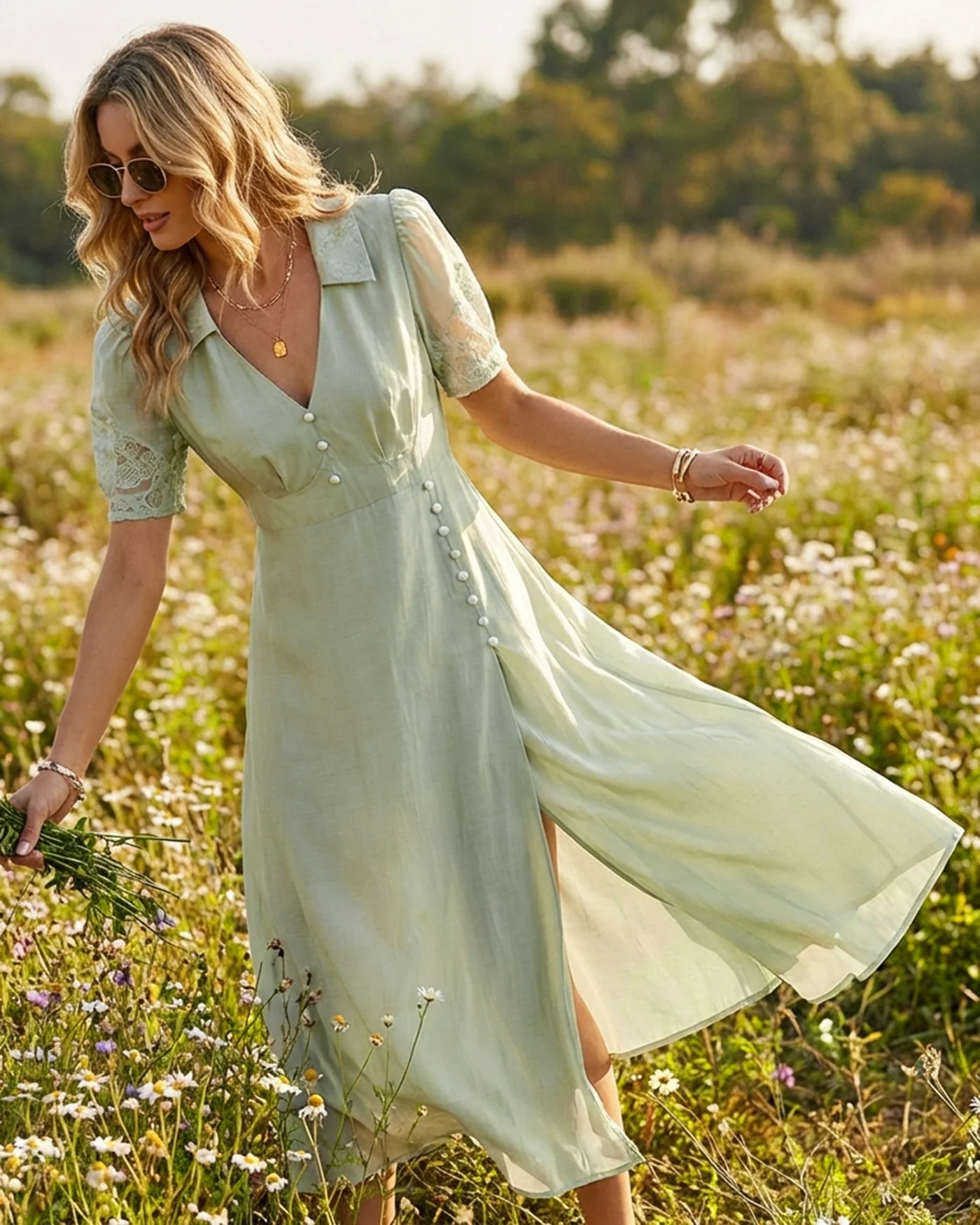 Green V Neck Button Maxi Dress - Image 3