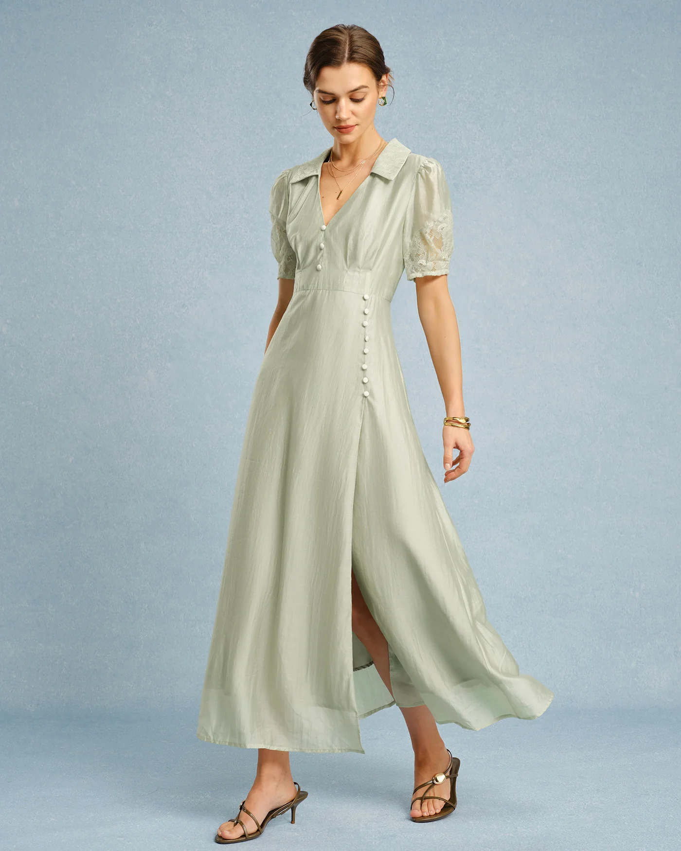 Green V Neck Button Maxi Dress - Image 5