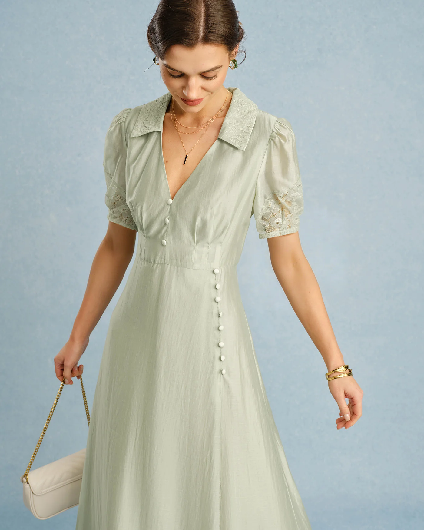 Green V Neck Button Maxi Dress - Image 6
