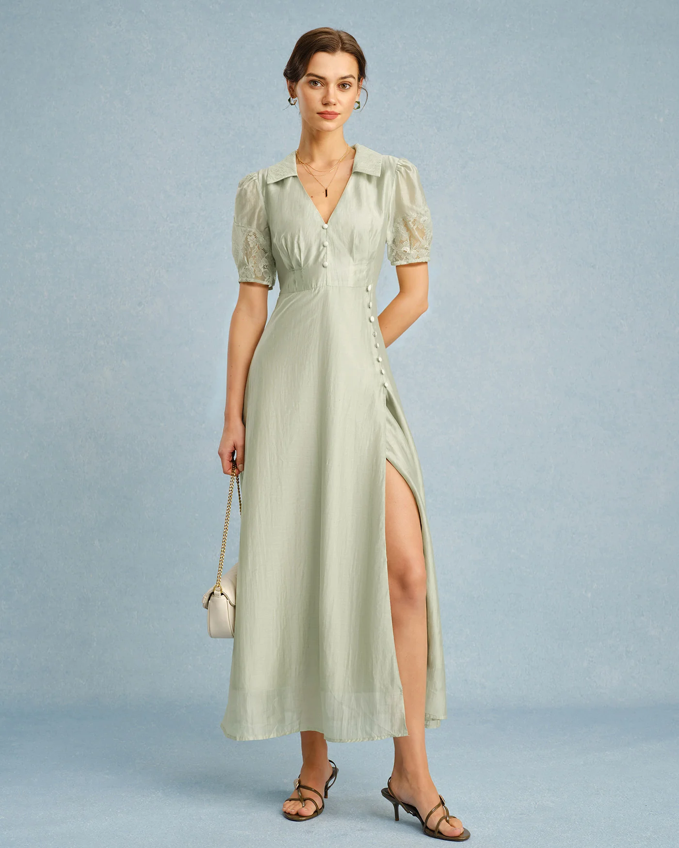 Green V Neck Button Maxi Dress - Image 7