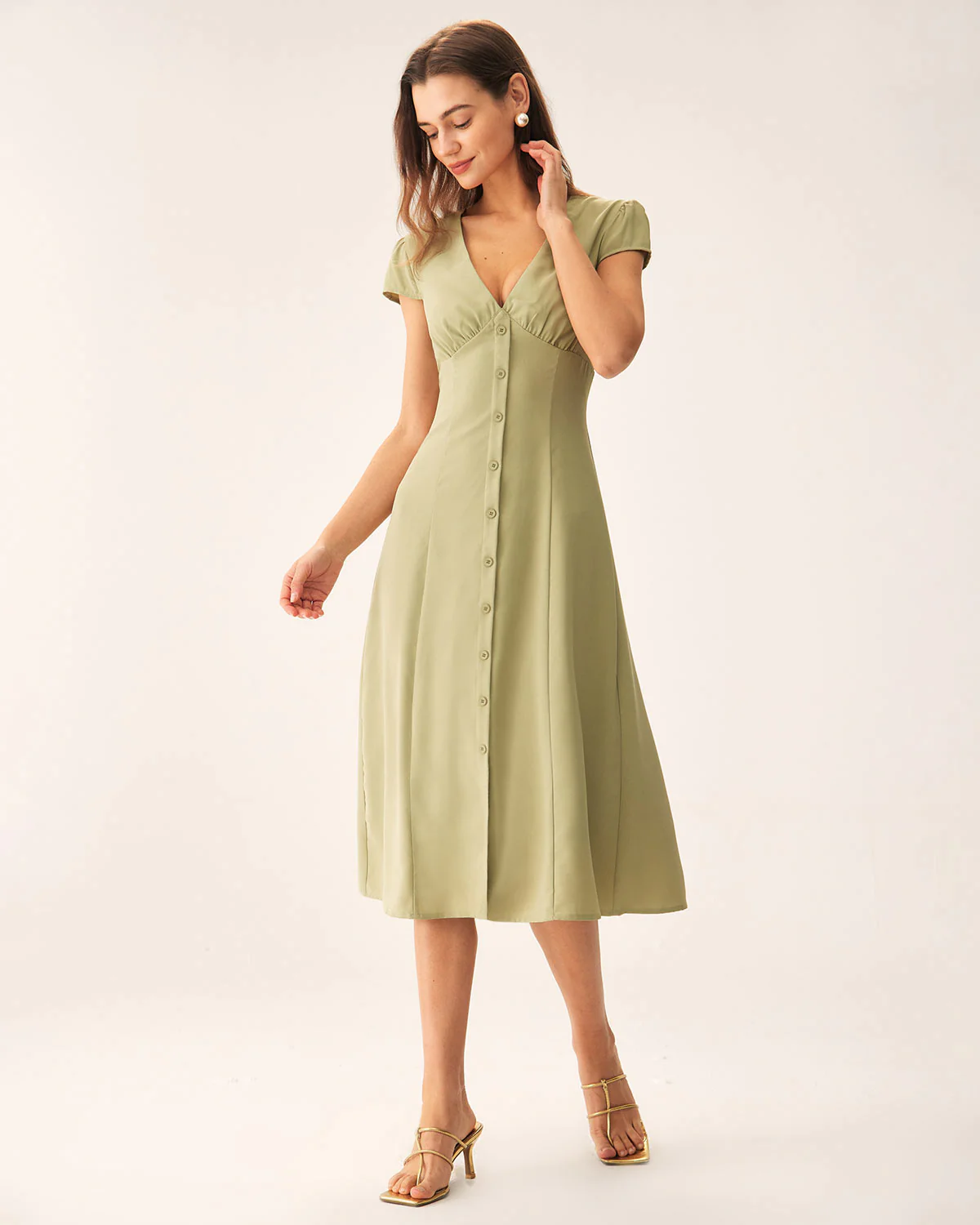 Green V-Neck Button Midi Dress - Image 4