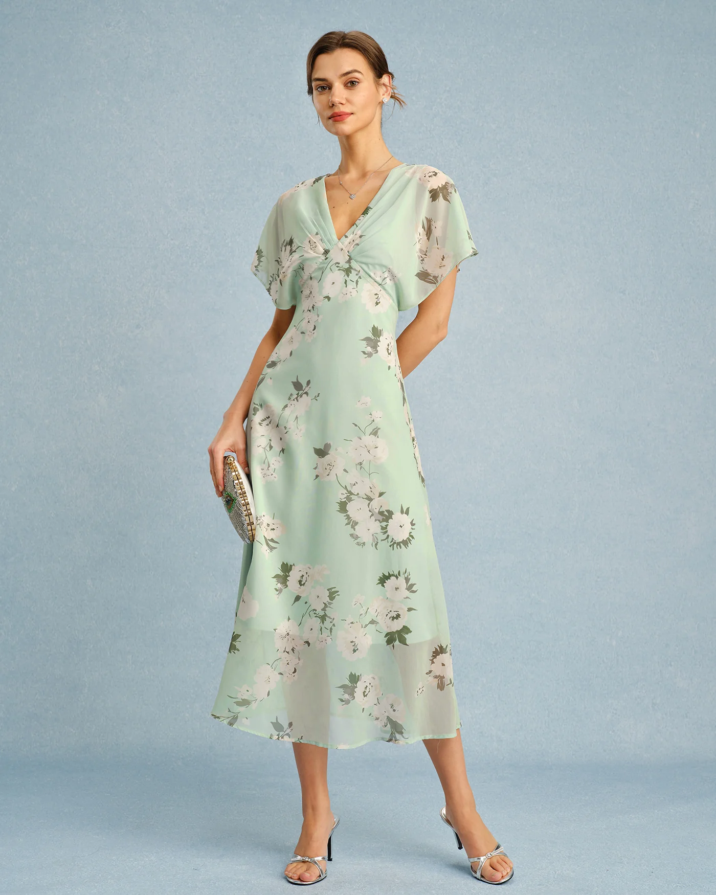 Green V Neck Floral Chiffon Midi Dress - Image 3