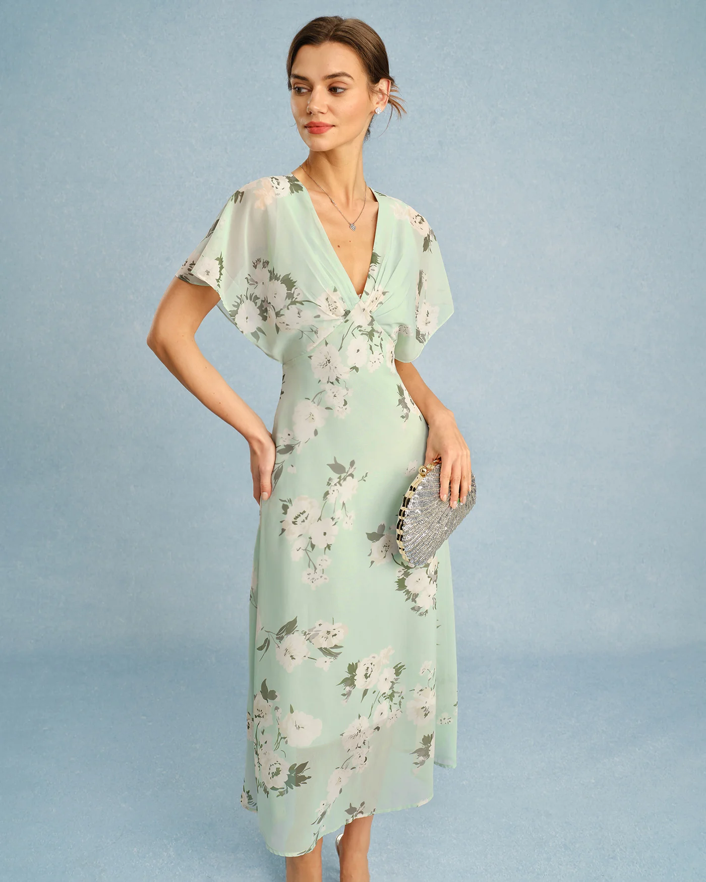 Green V Neck Floral Chiffon Midi Dress - Image 4
