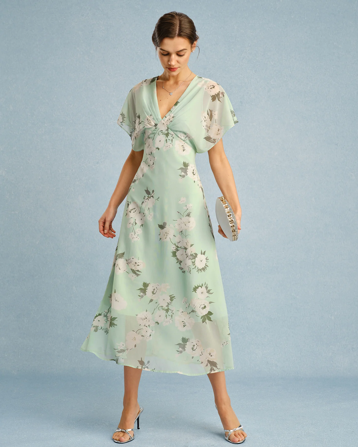 Green V Neck Floral Chiffon Midi Dress - Image 5
