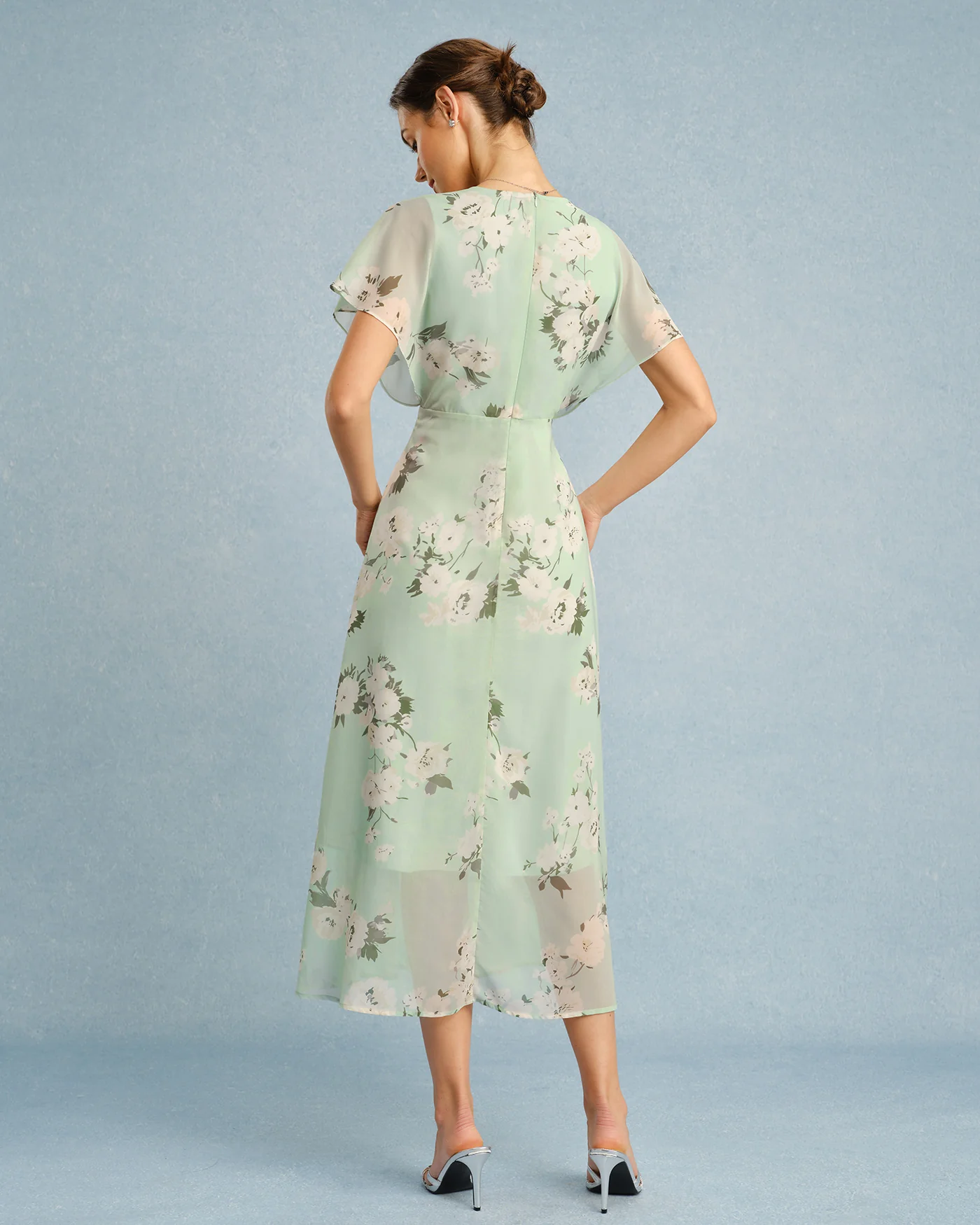 Green V Neck Floral Chiffon Midi Dress - Image 6