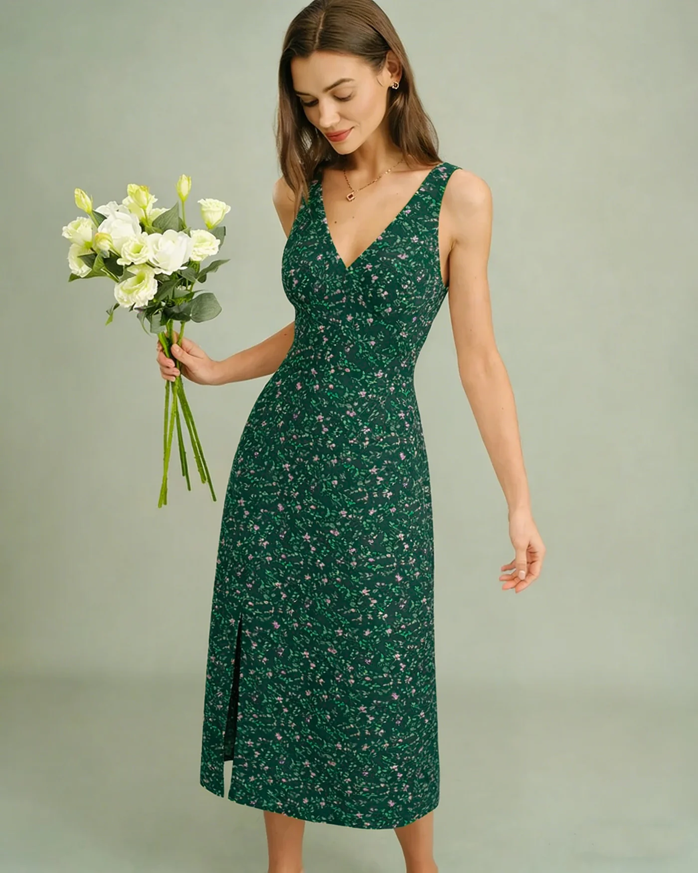 Green V Neck Floral Midi Dress - Image 2