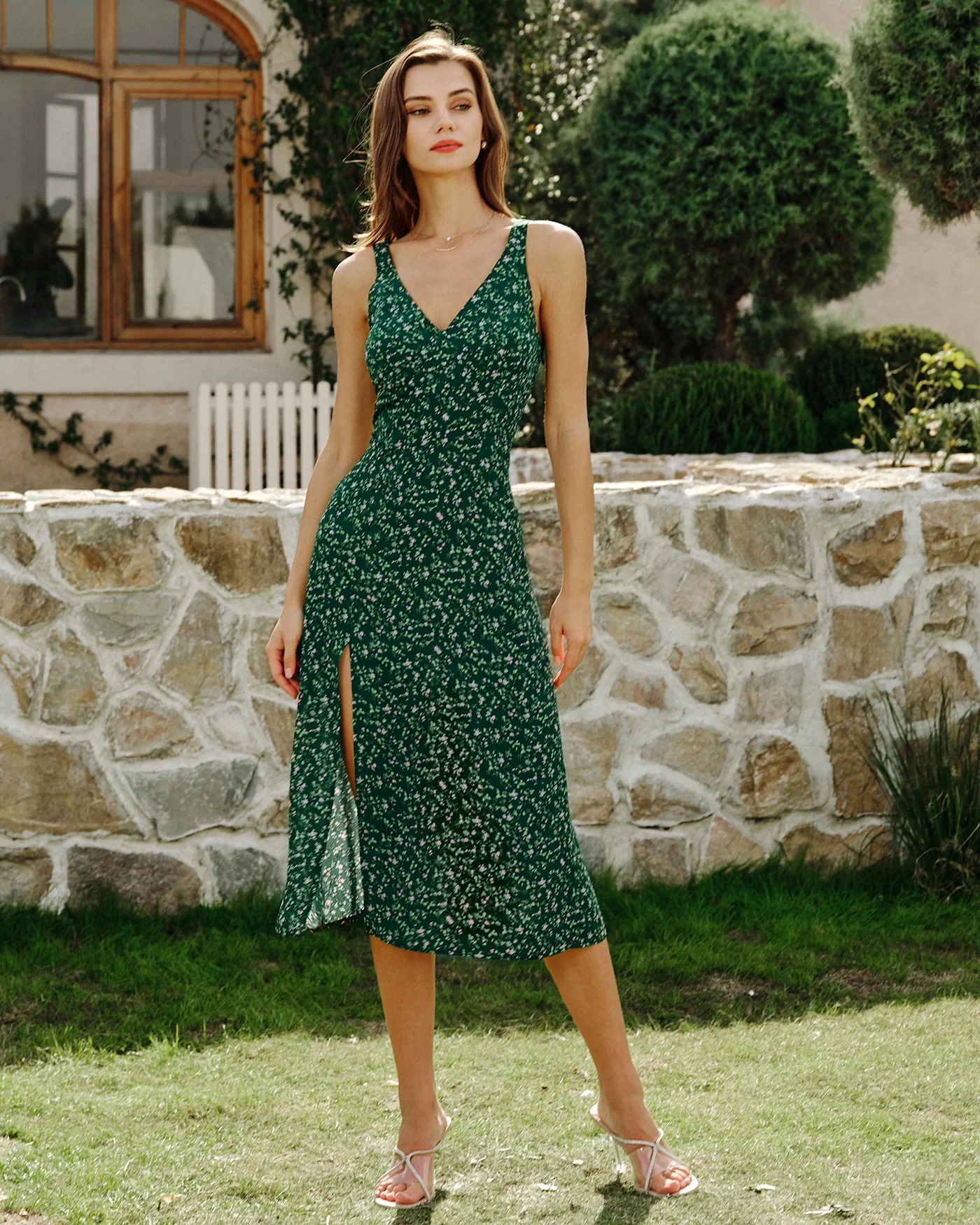 Green V Neck Floral Midi Dress - Image 6
