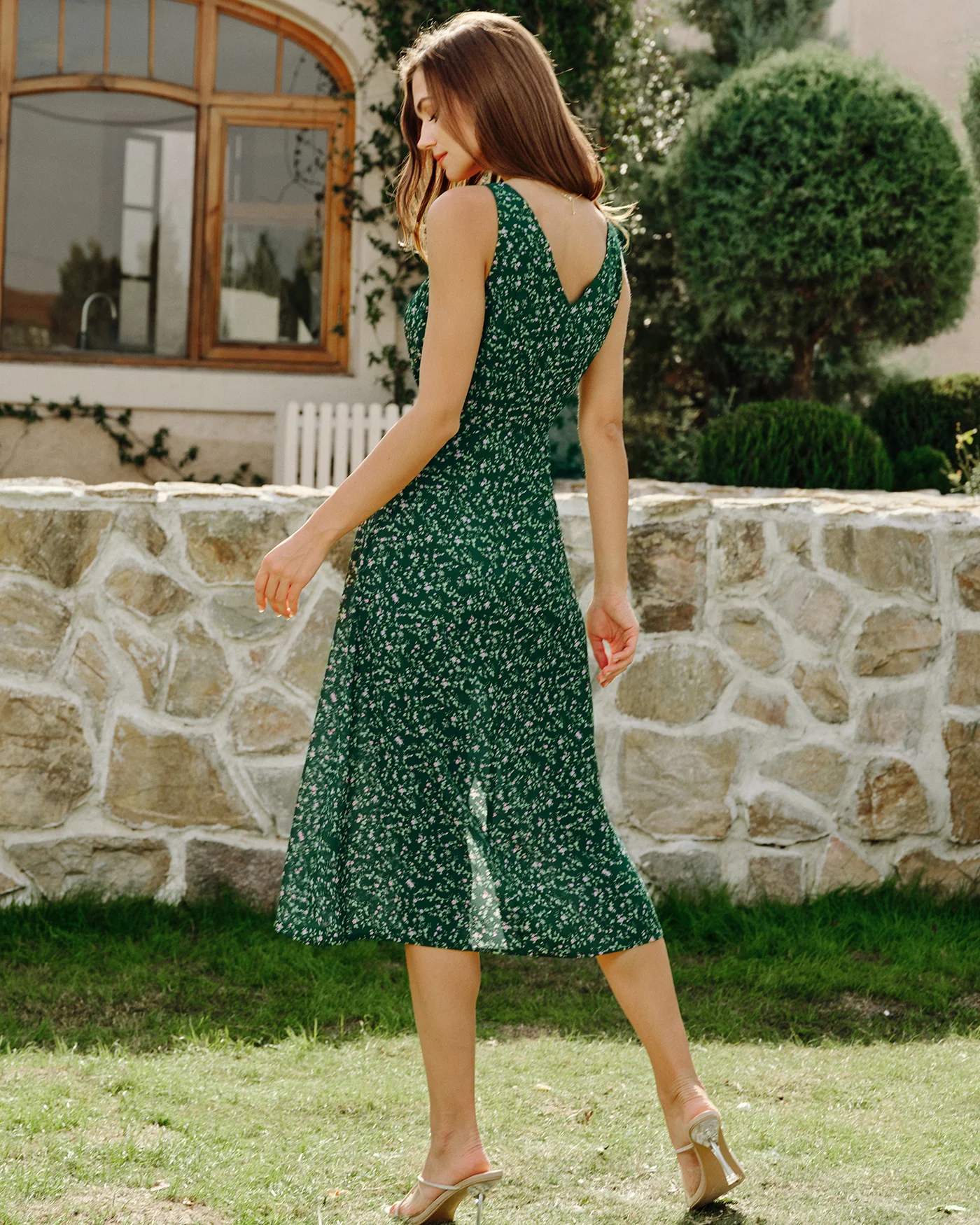 Green V Neck Floral Midi Dress - Image 7