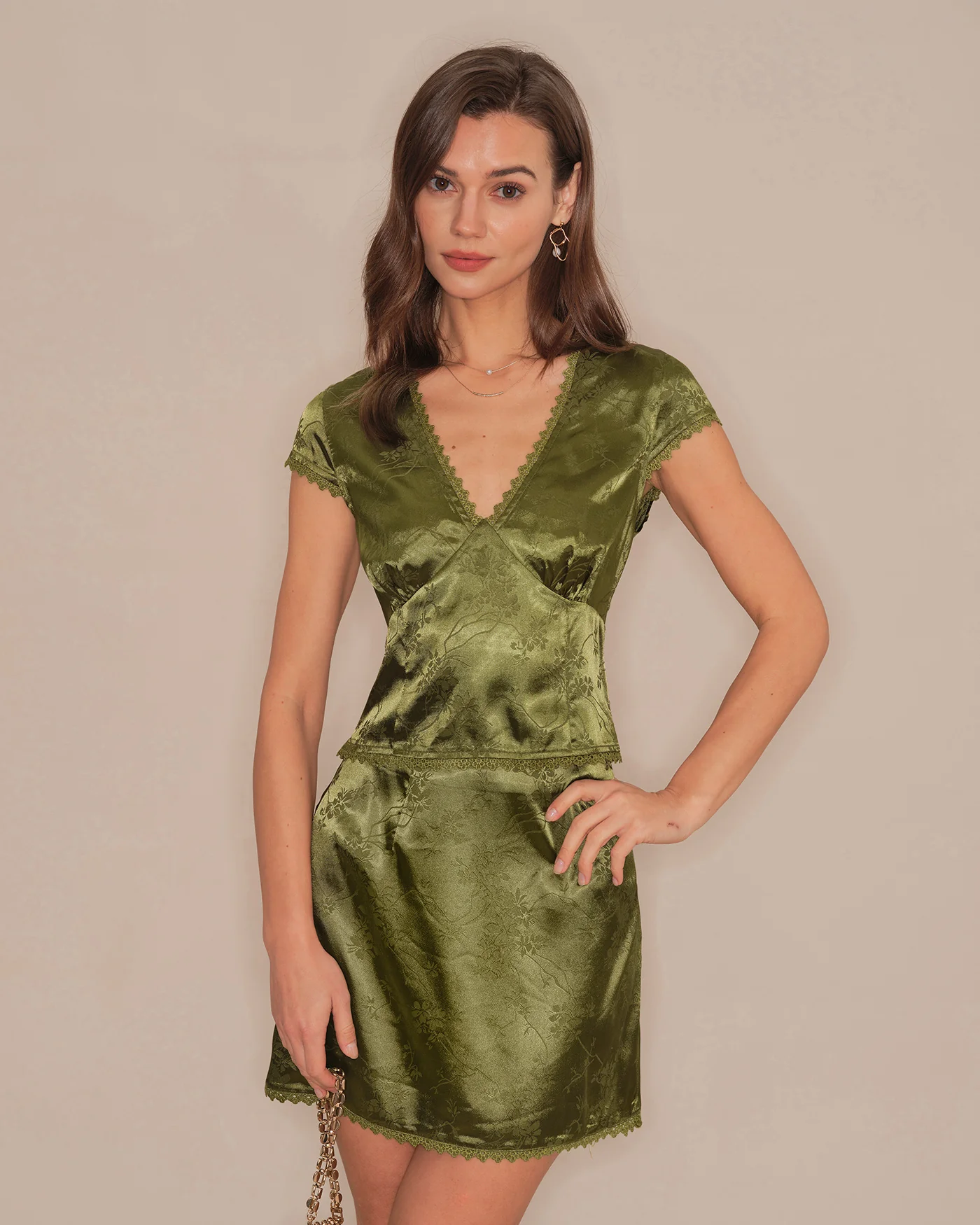 Green V Neck Floral Satin Tee - Image 3