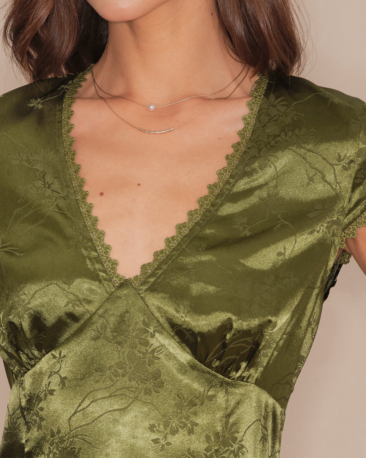 Green V Neck Floral Satin Tee - Image 4
