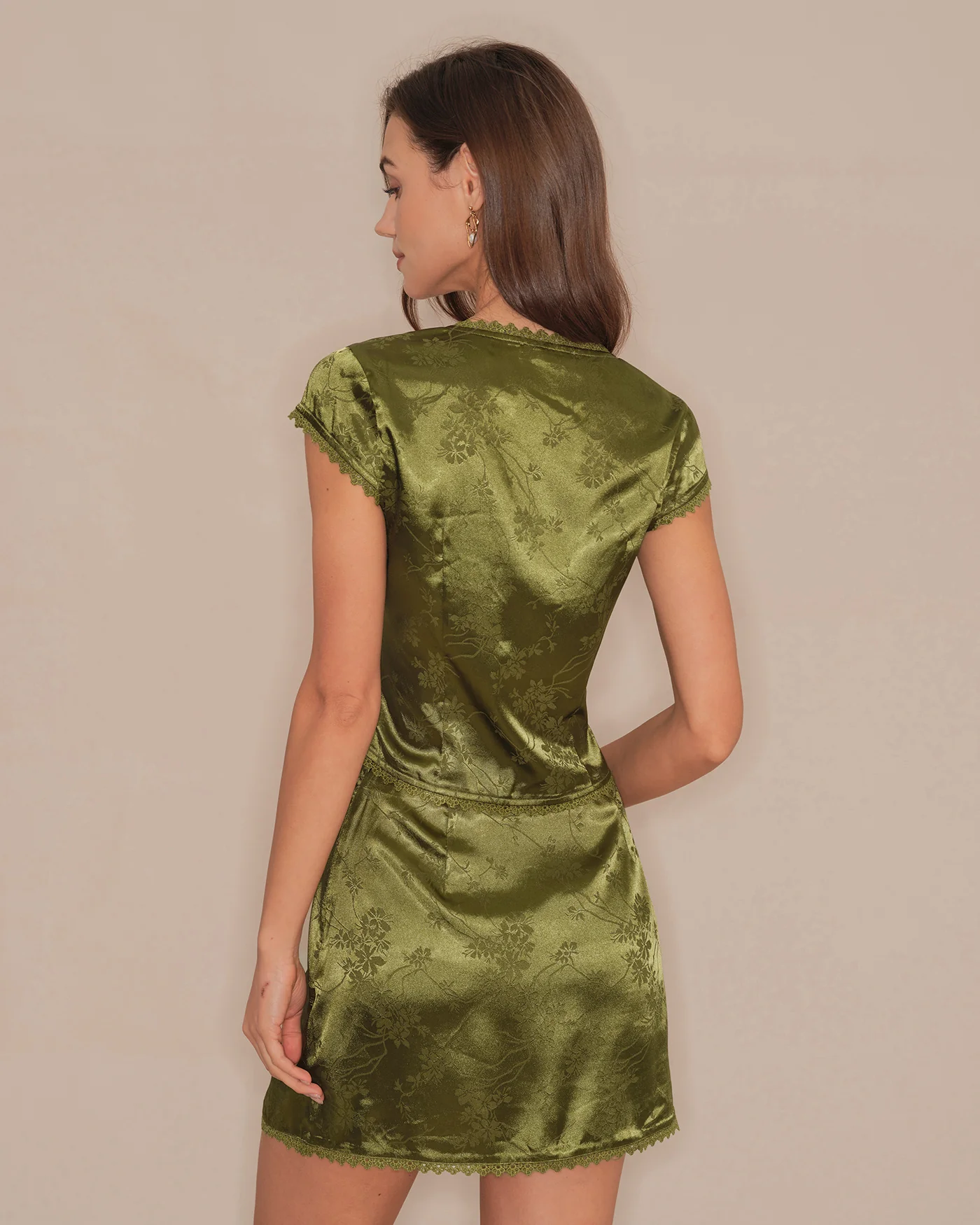 Green V Neck Floral Satin Tee - Image 6