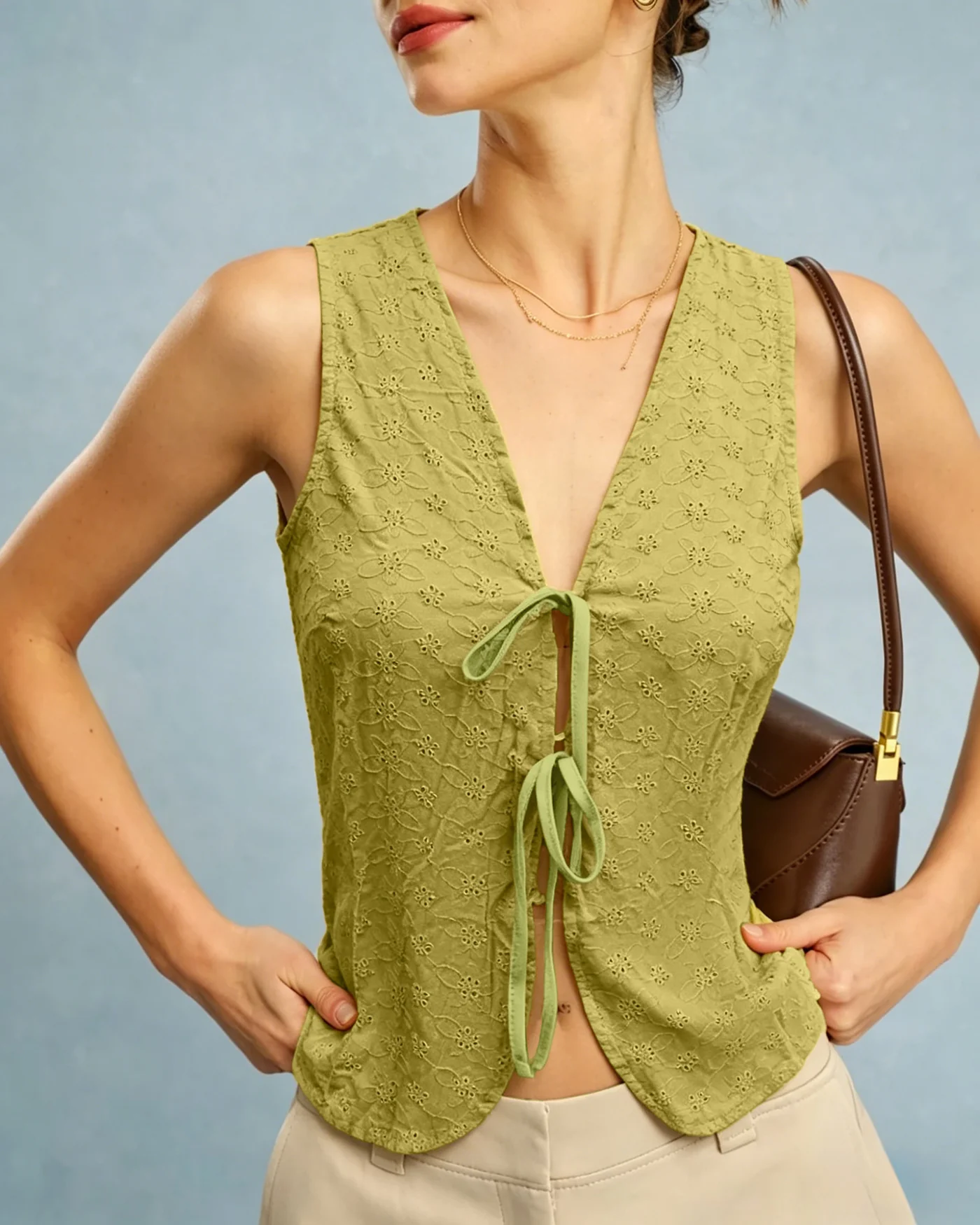 Green V Neck Floral Textured Vest - Image 2