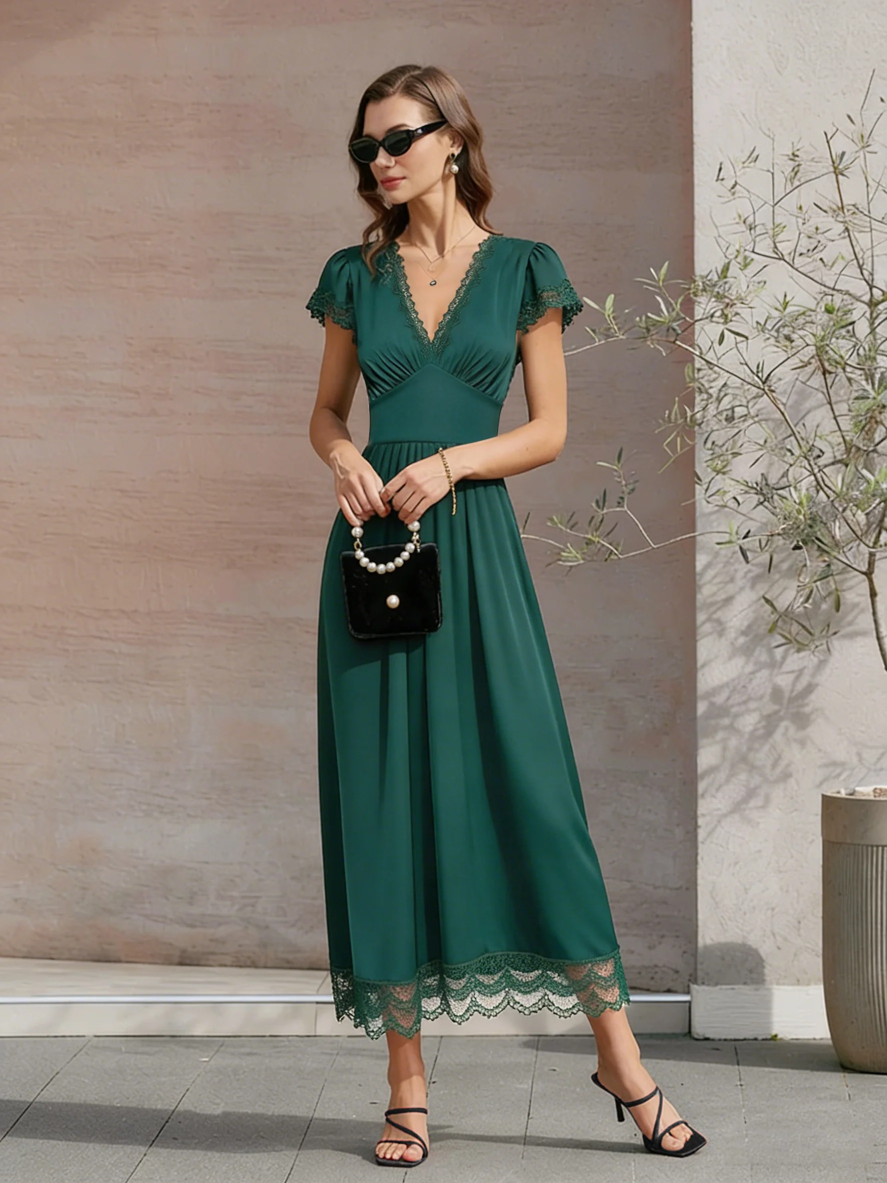 Green V Neck Lace Maxi Dress - Image 2