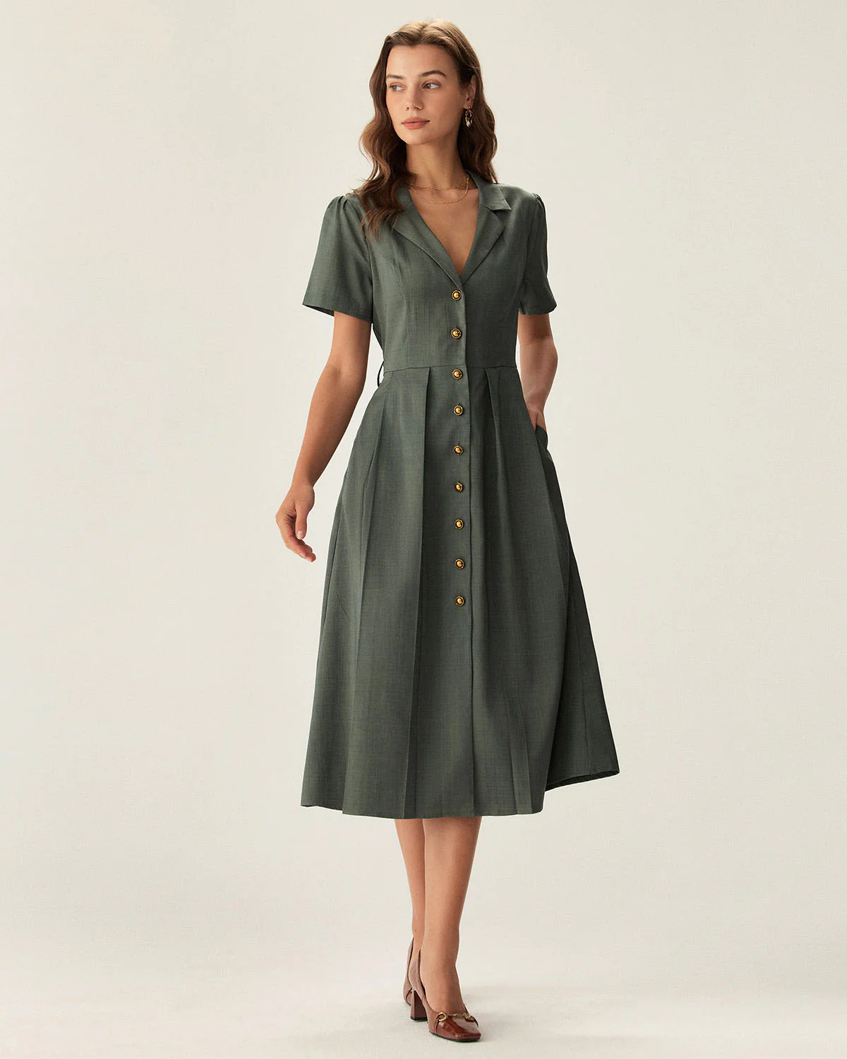 Green V Neck Pleated Button Midi Dress - Image 3
