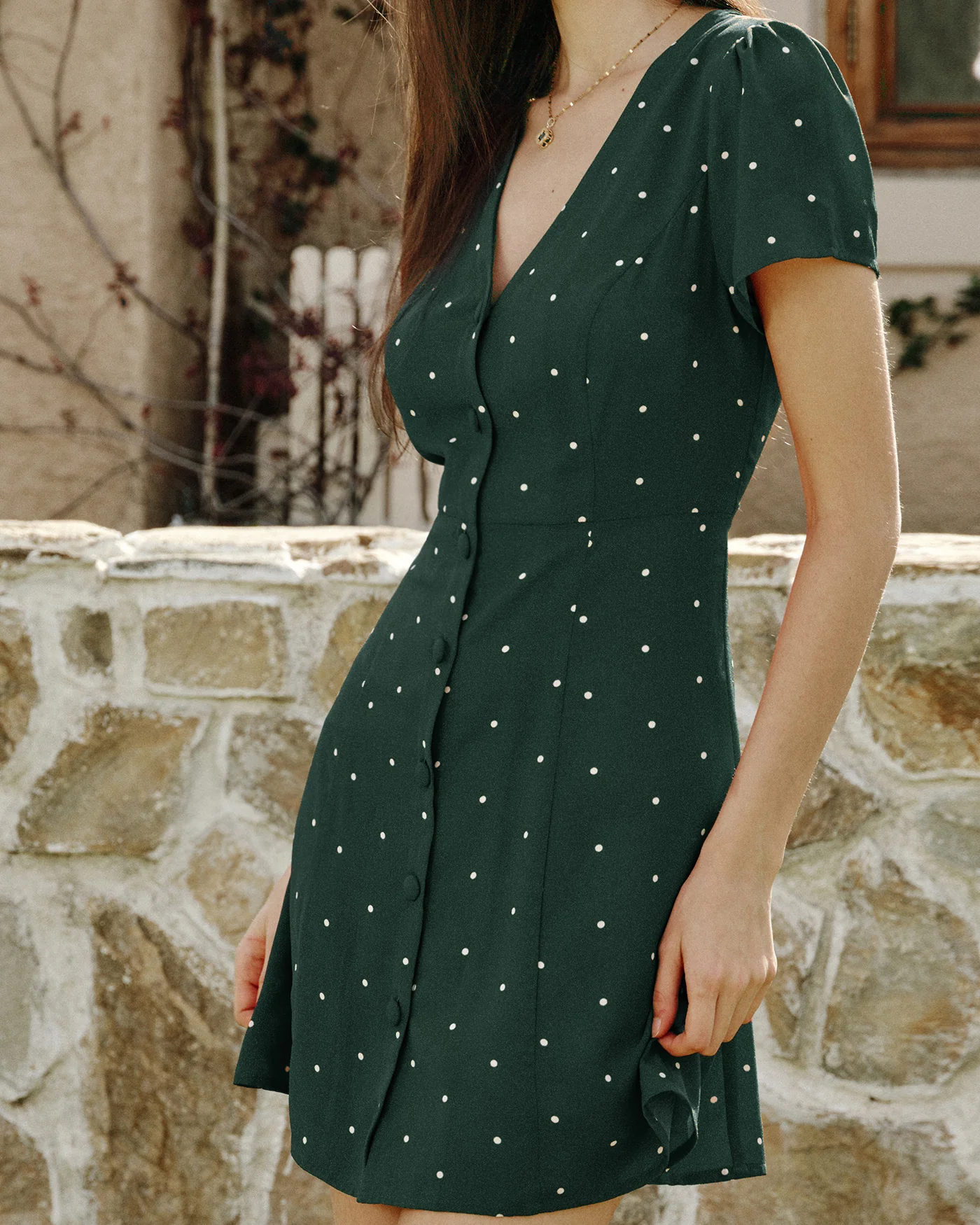 Green V Neck Polka Dot Mini Dress - Image 2