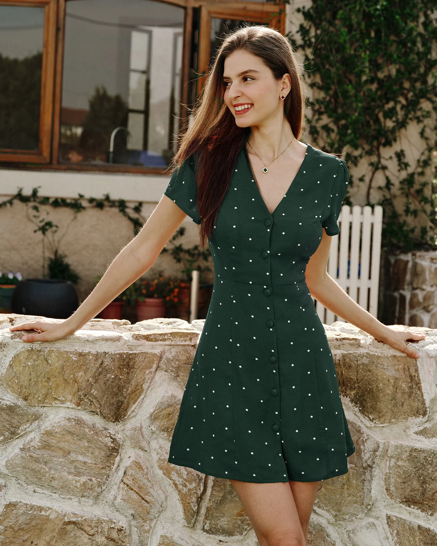 Green V Neck Polka Dot Mini Dress - Image 3