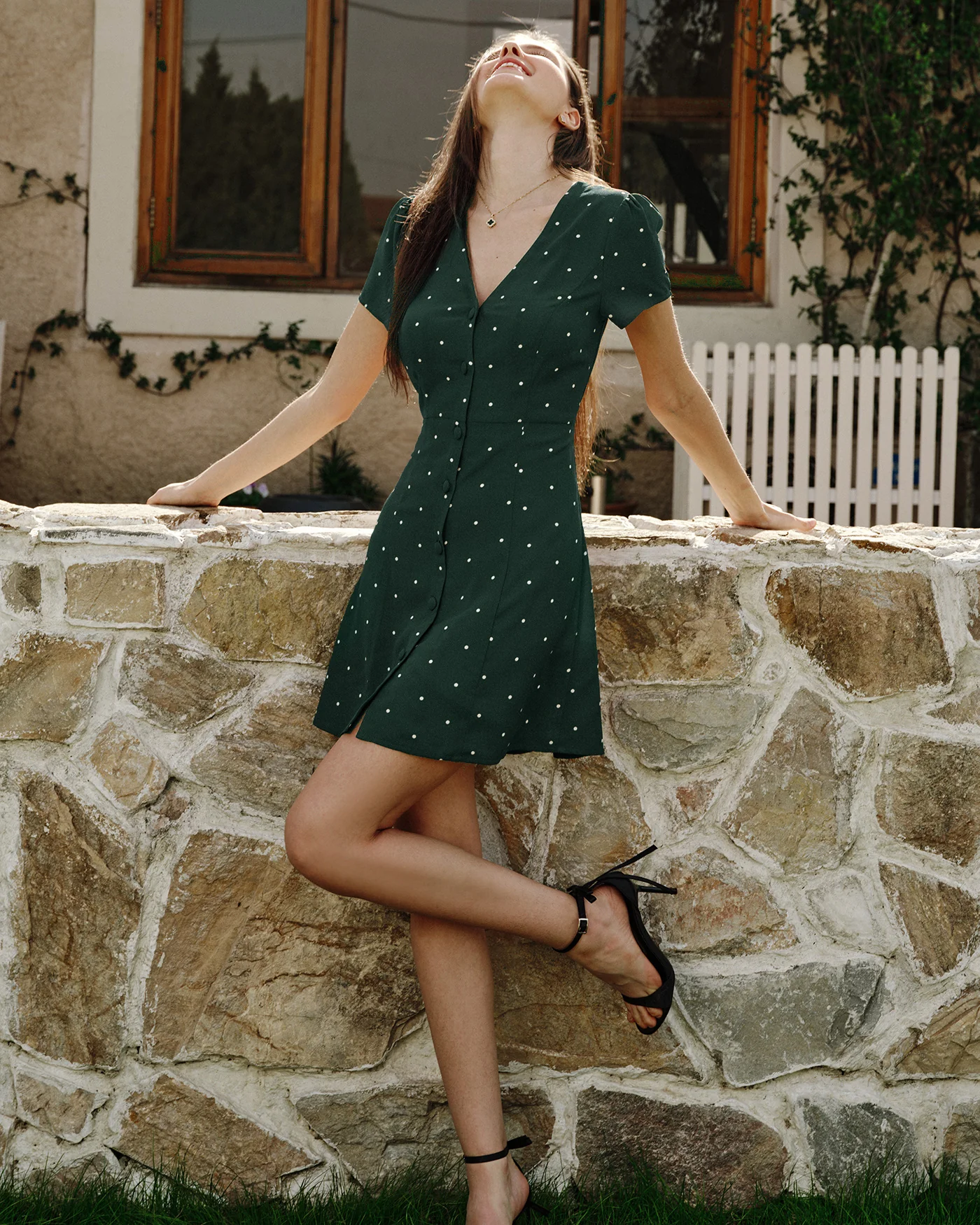 Green V Neck Polka Dot Mini Dress - Image 5