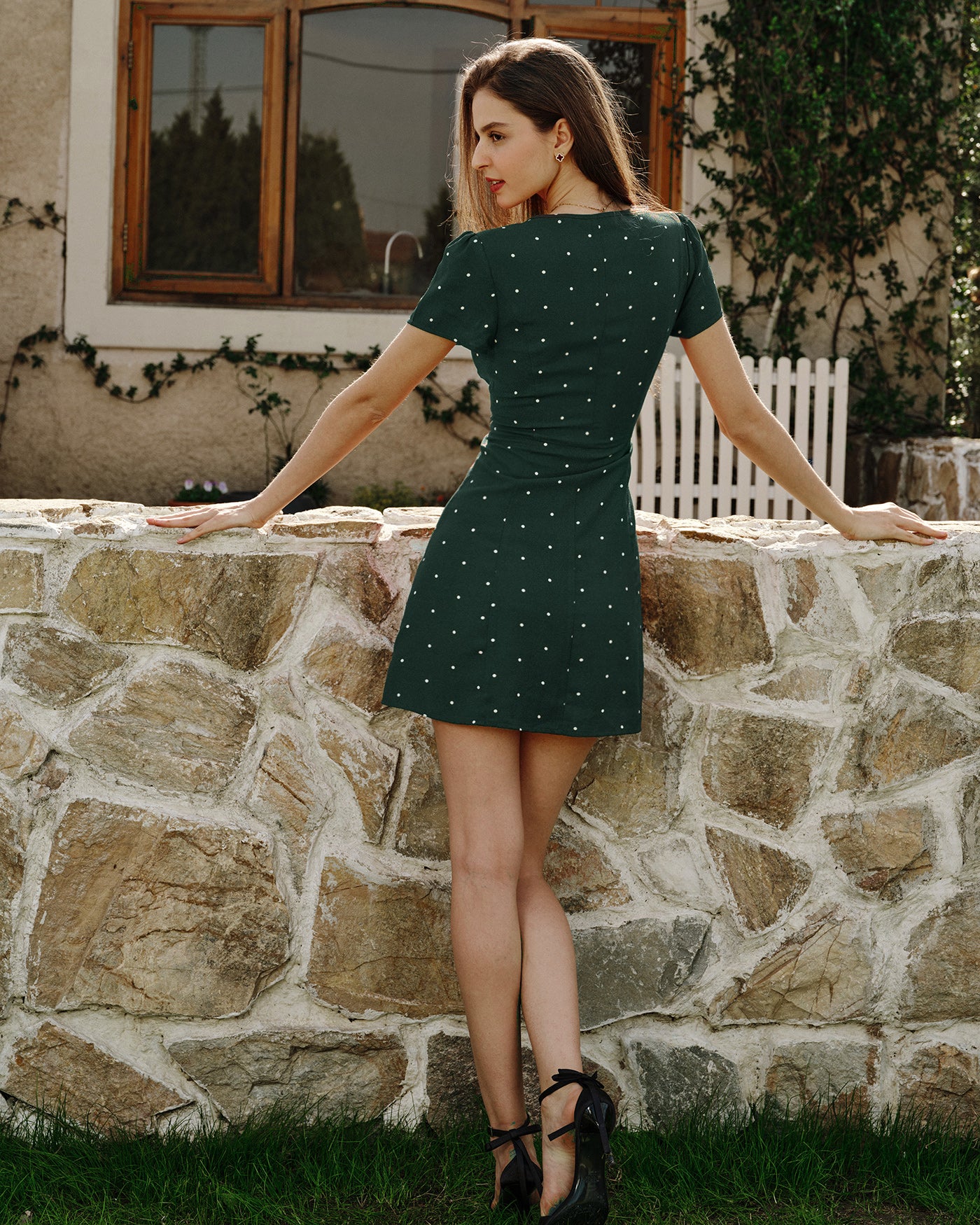 Green V Neck Polka Dot Mini Dress - Image 6