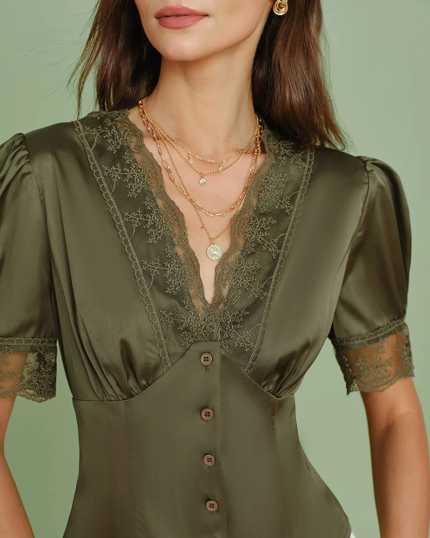Green V Neck Puffed Sleeve Lace Blouse - Image 2