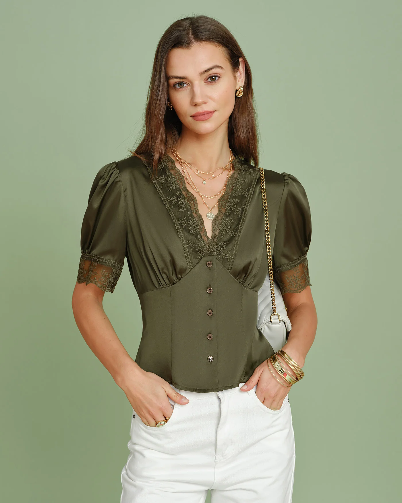 Green V Neck Puffed Sleeve Lace Blouse - Image 3