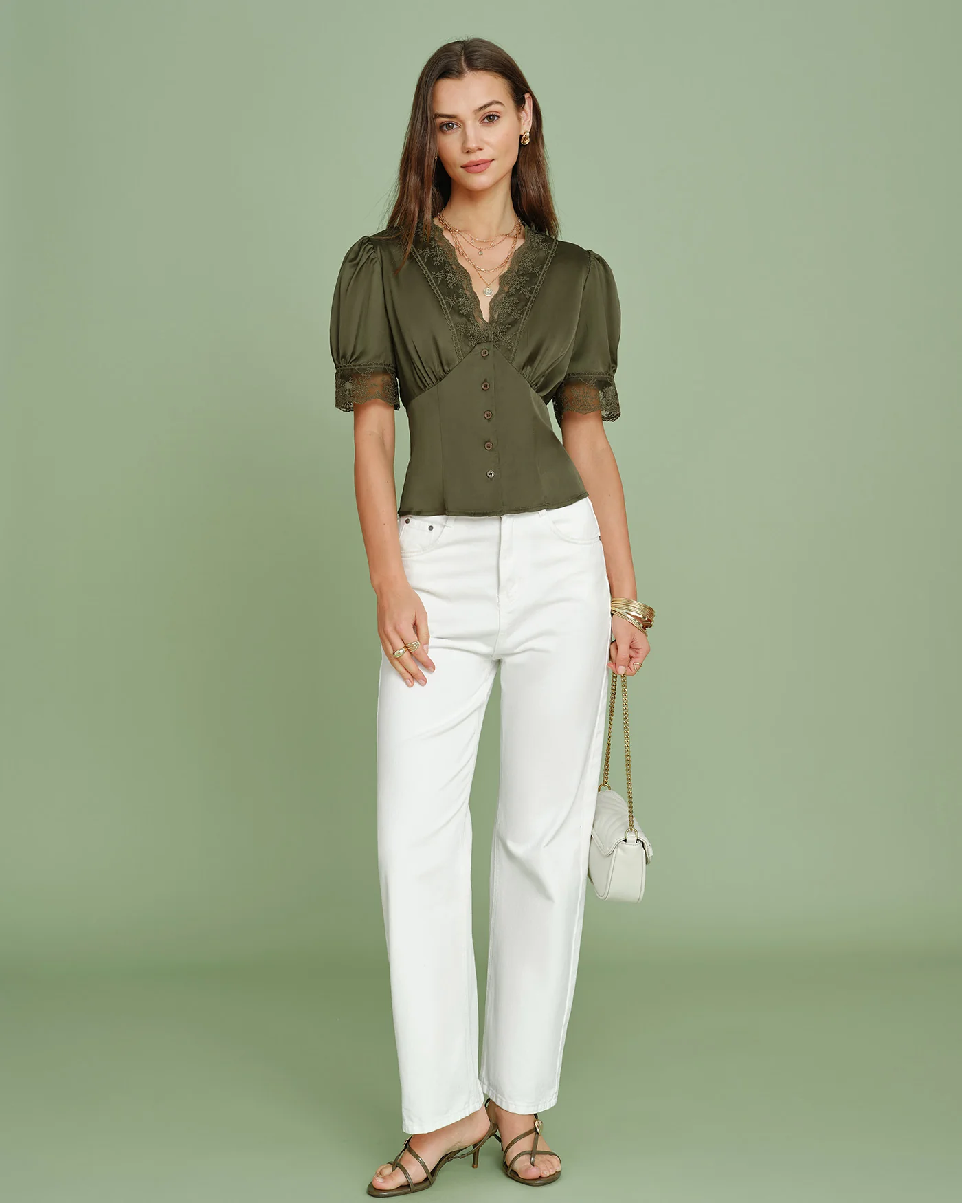 Green V Neck Puffed Sleeve Lace Blouse - Image 4