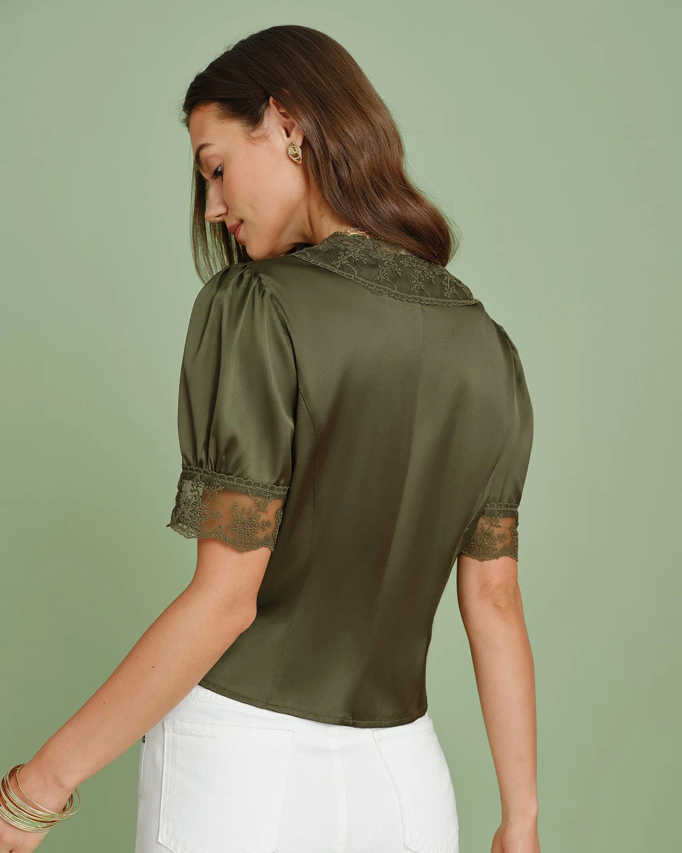 Green V Neck Puffed Sleeve Lace Blouse - Image 5