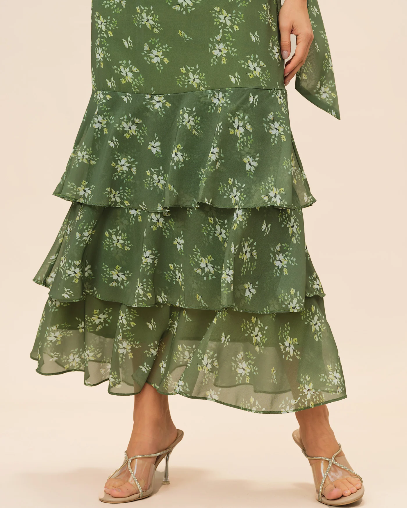 Green V Neck Ruffle Floral Maxi Dress - Image 3