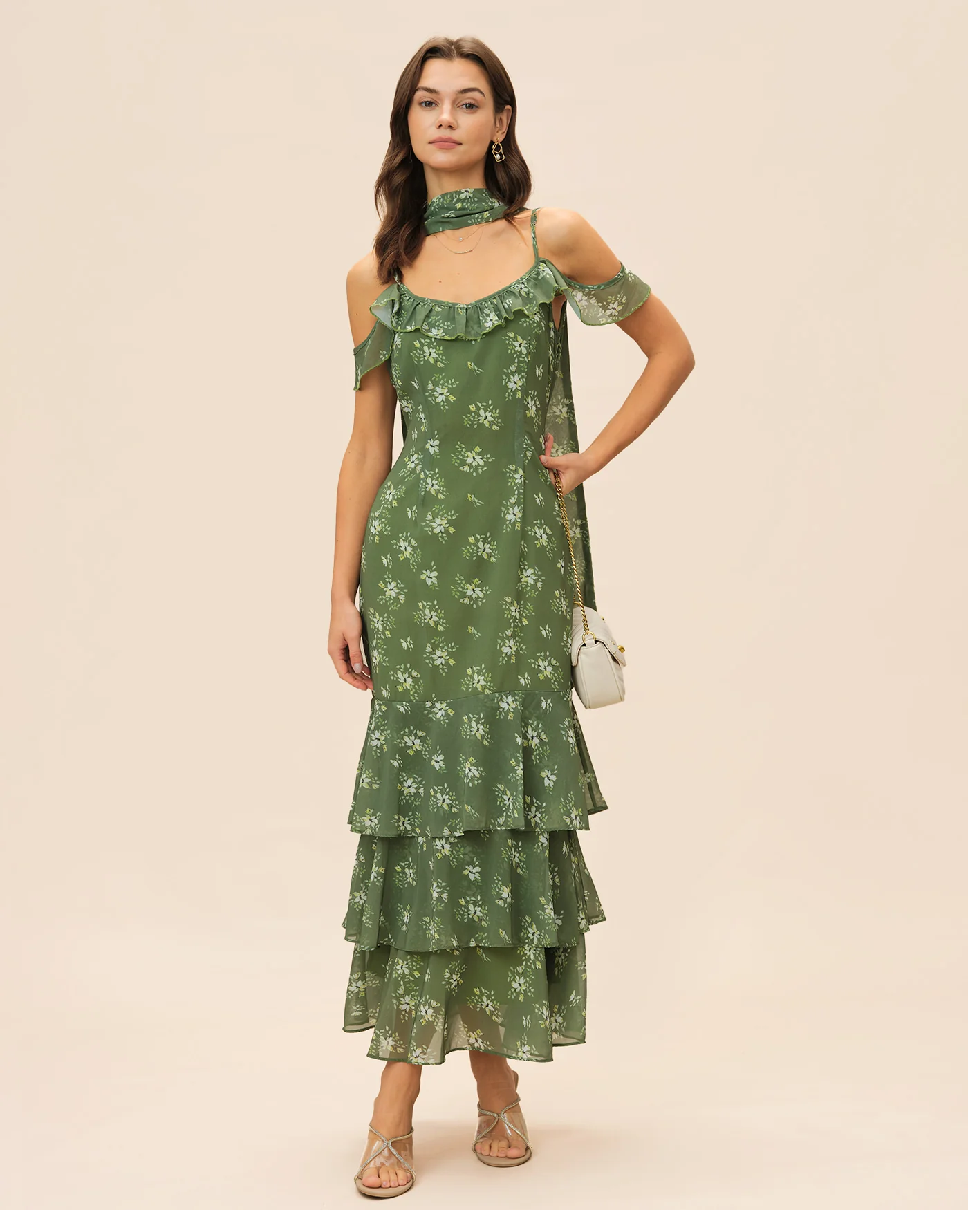 Green V Neck Ruffle Floral Maxi Dress - Image 4