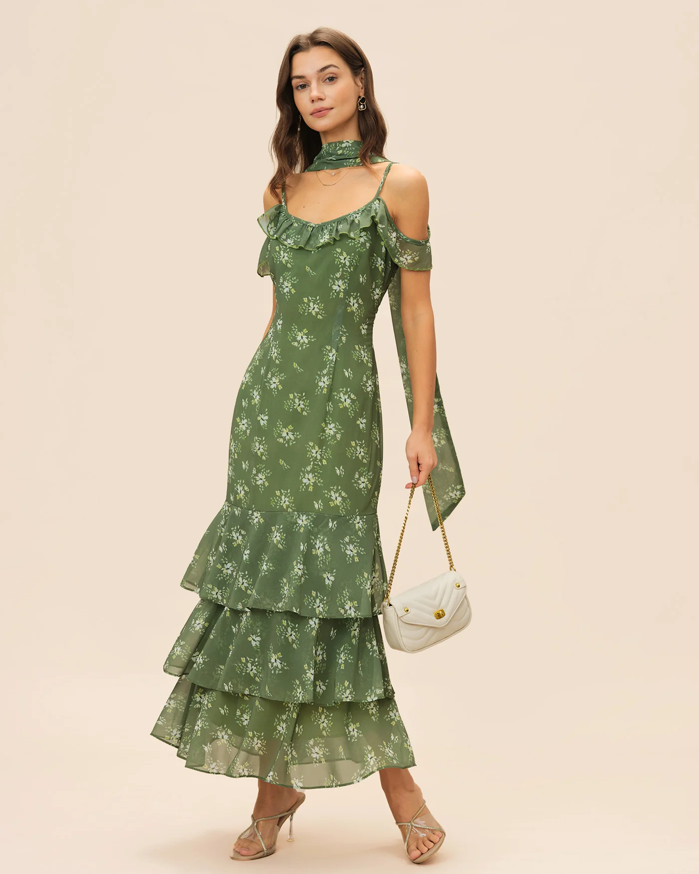 Green V Neck Ruffle Floral Maxi Dress - Image 5