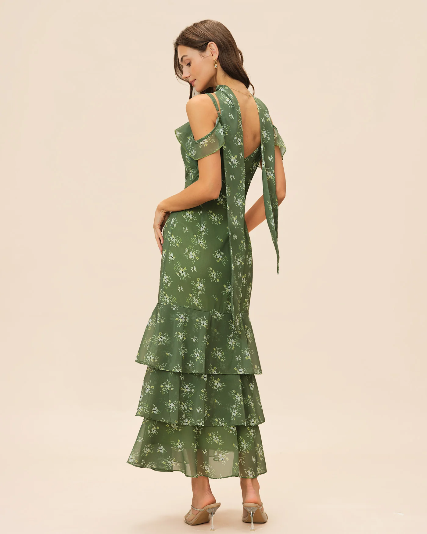 Green V Neck Ruffle Floral Maxi Dress - Image 6