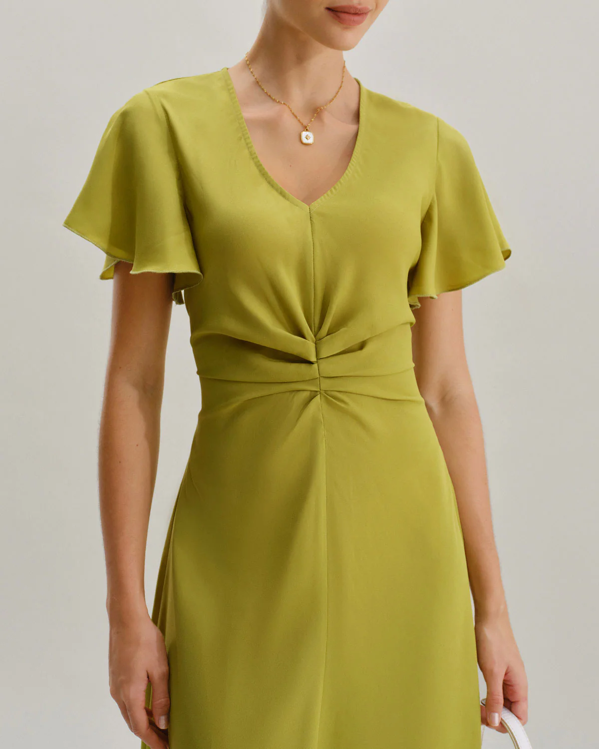 Green V Neck Ruffle Sleeve Midi Dress - Image 2