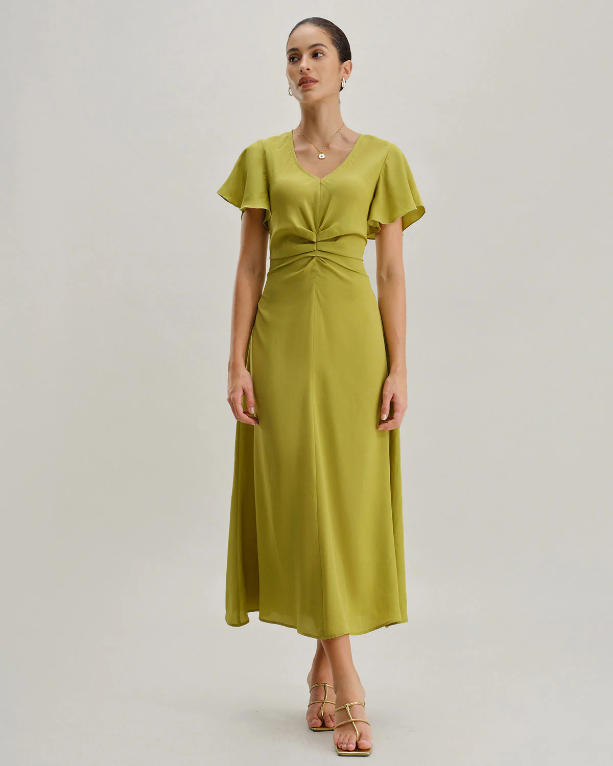 Green V Neck Ruffle Sleeve Midi Dress - Image 3