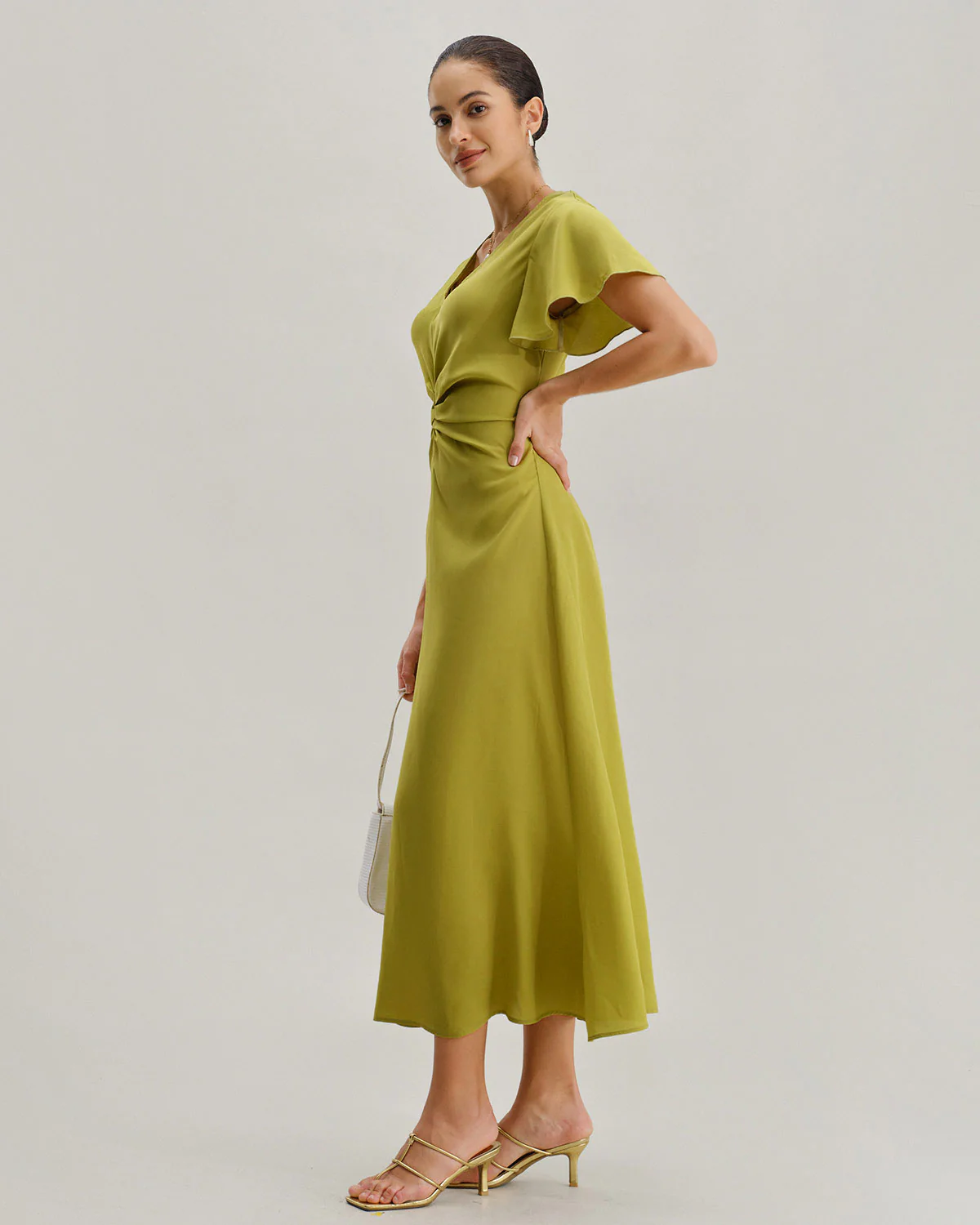 Green V Neck Ruffle Sleeve Midi Dress - Image 4